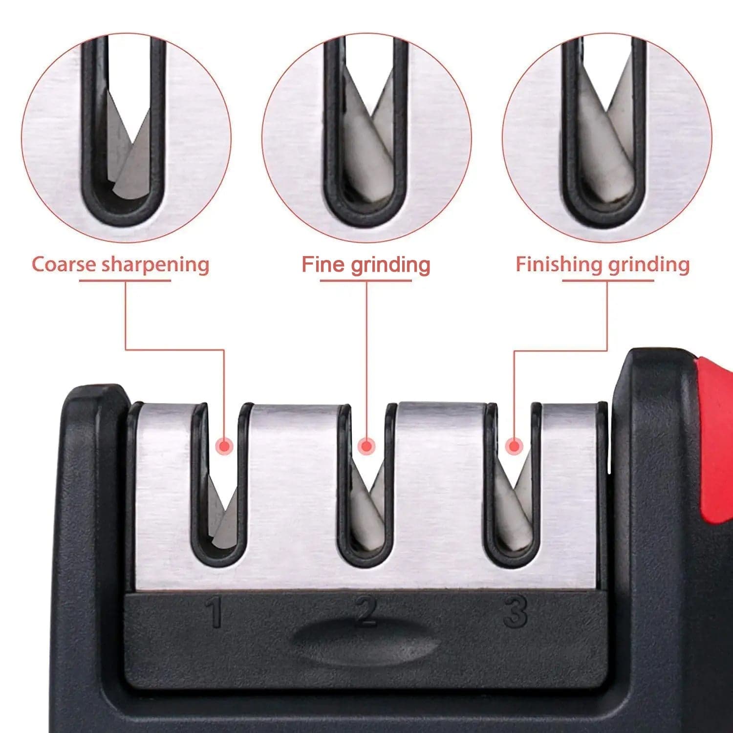 Manual Red & Black Knife Sharpener 3 Stage Sharpening Tool for Ceramic Knife and Steel Knives. thumbnail 8
