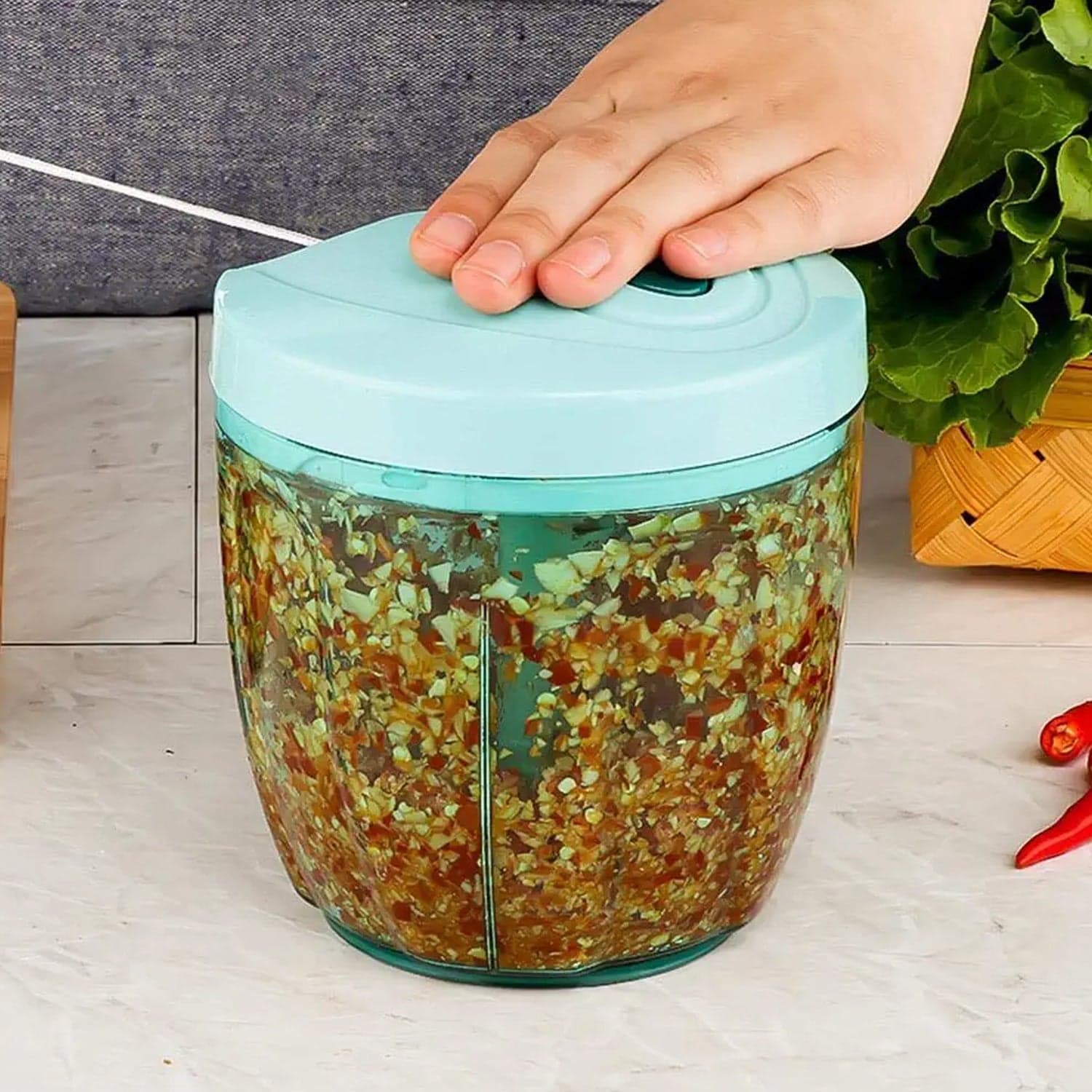 6 BLADE 2IN1 MANUAL FOOD CHOPPER, COMPACT & POWERFUL HAND HELD VEGETABLE CHOPPER (1000Ml) thumbnail 3