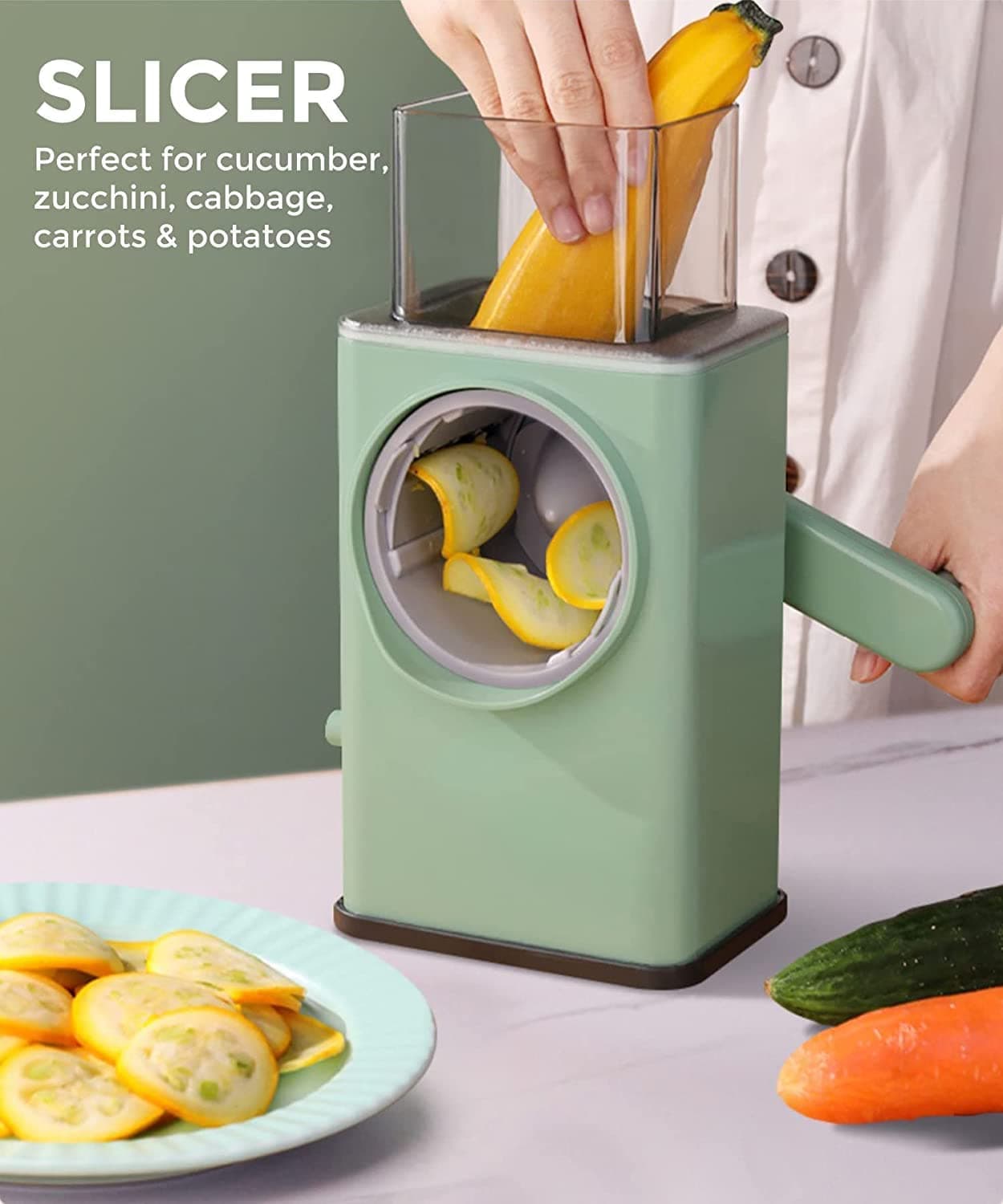 Vegetable Shredder Round Mandolin Slicer, Grater, Shredder Salad Maker - Large Feed Port - Suction Base - Cutter For Vegetable, Fruit, Cookie. thumbnail 6