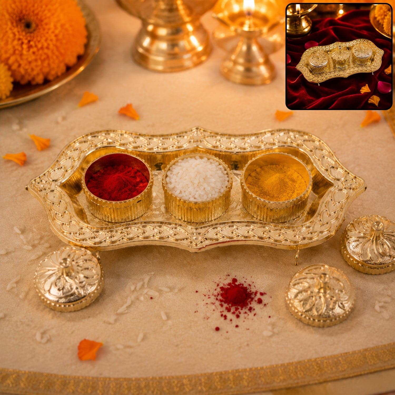 Kankavati the Elegant 3-Compartment Puja Holder for Sacred Rituals thumbnail 1