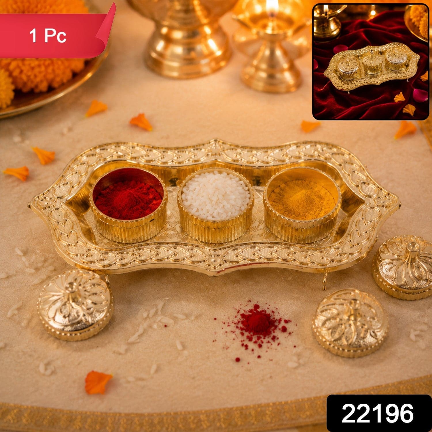 Kankavati the Elegant 3-Compartment Puja Holder for Sacred Rituals thumbnail 2