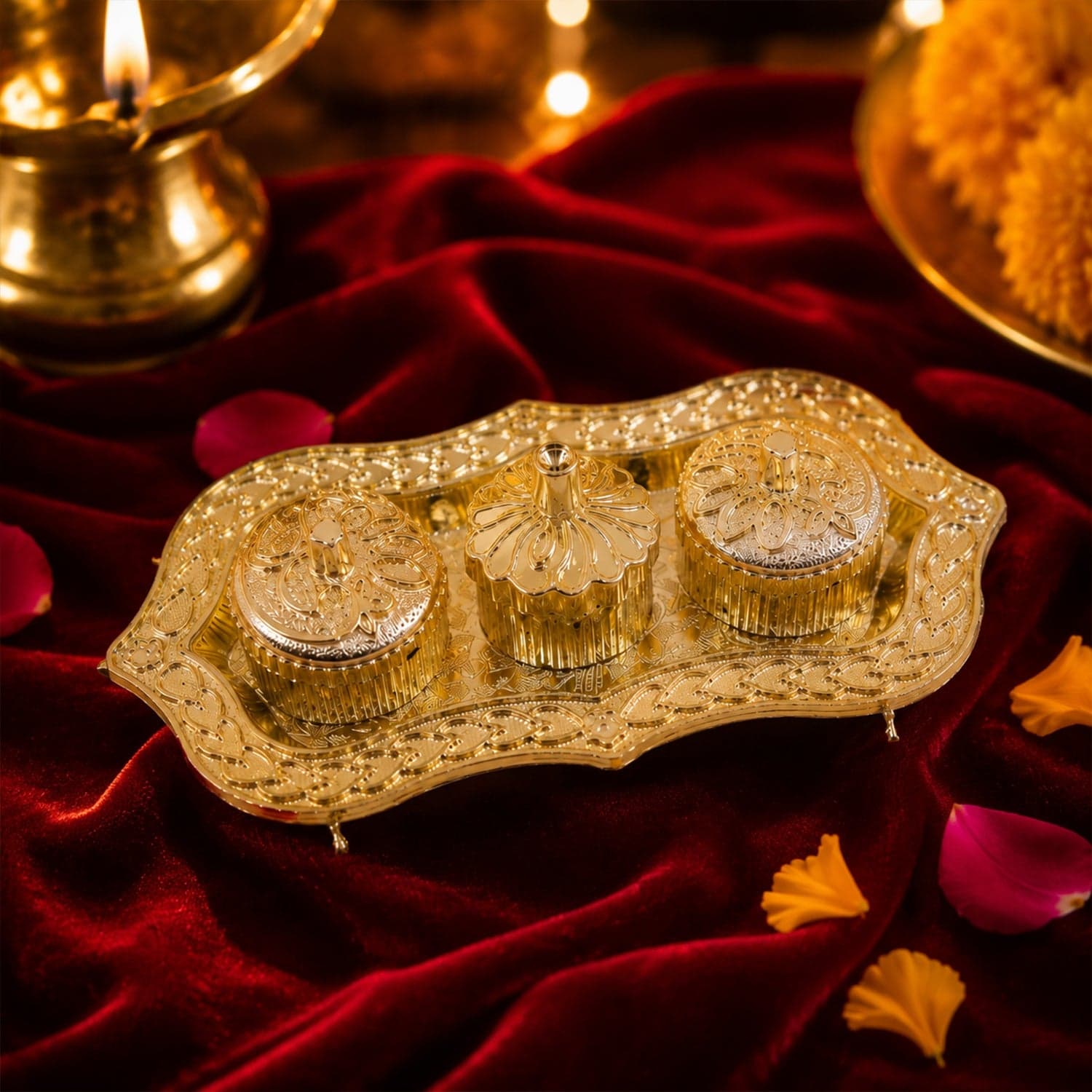 Kankavati the Elegant 3-Compartment Puja Holder for Sacred Rituals thumbnail 3