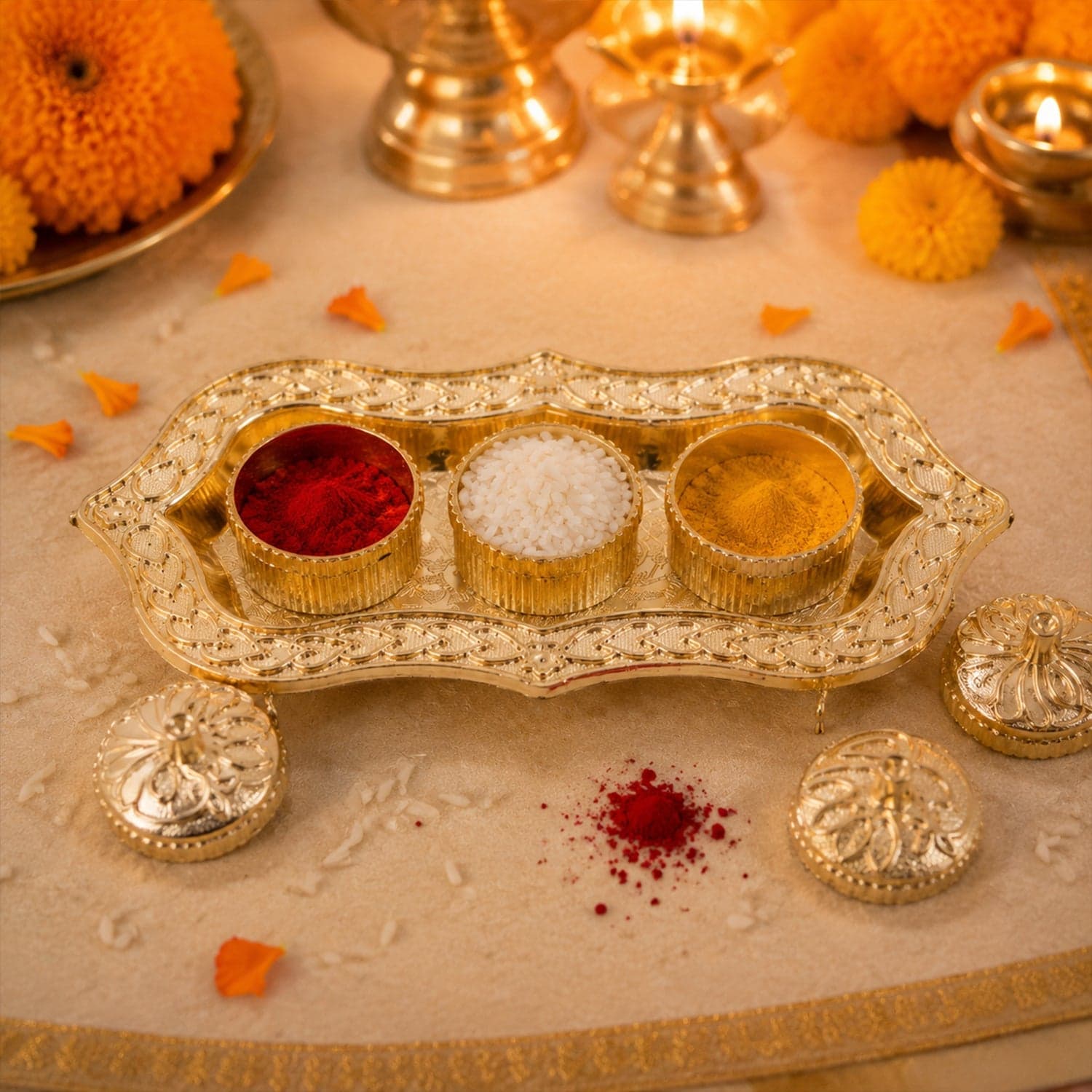Kankavati the Elegant 3-Compartment Puja Holder for Sacred Rituals thumbnail 4