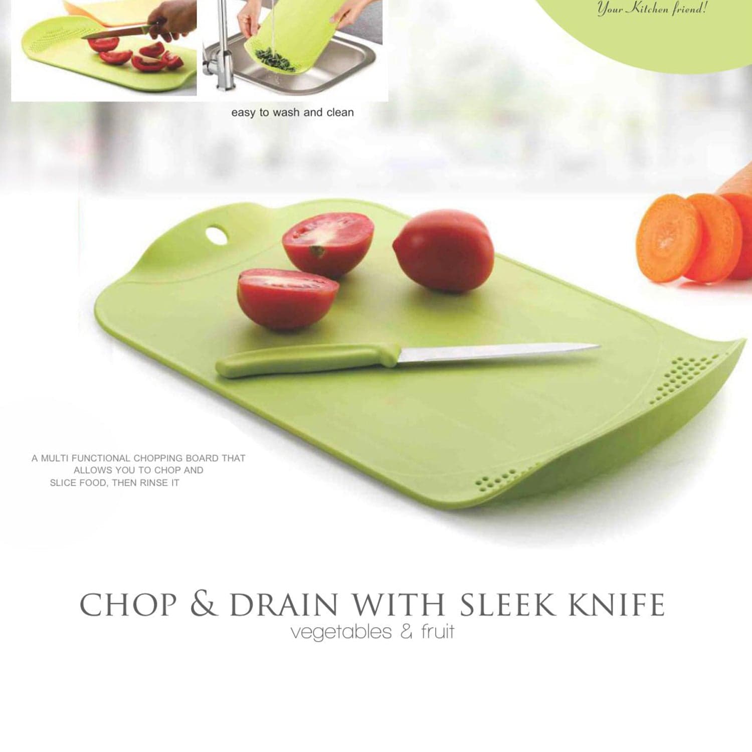 Chop & Drain Vegetables Fruits Chopping Board Sleek Knife thumbnail 6
