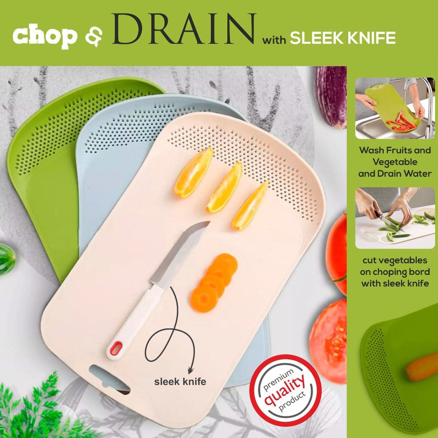 Chop & Drain Vegetables Fruits Chopping Board Sleek Knife thumbnail 8