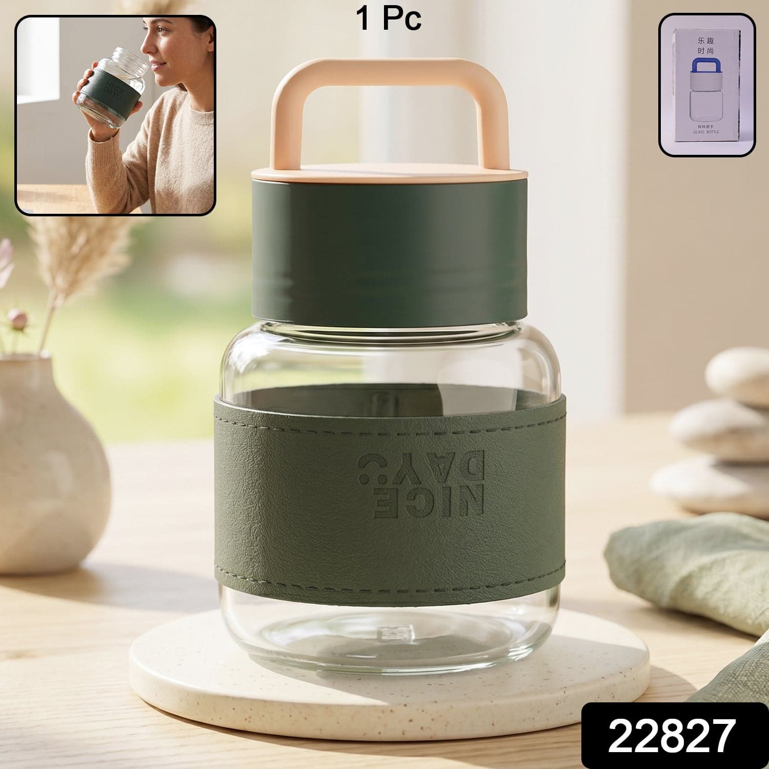 Glass Water Bottle the Stylish, Portable with Handle & Leather Sleeve thumbnail 2