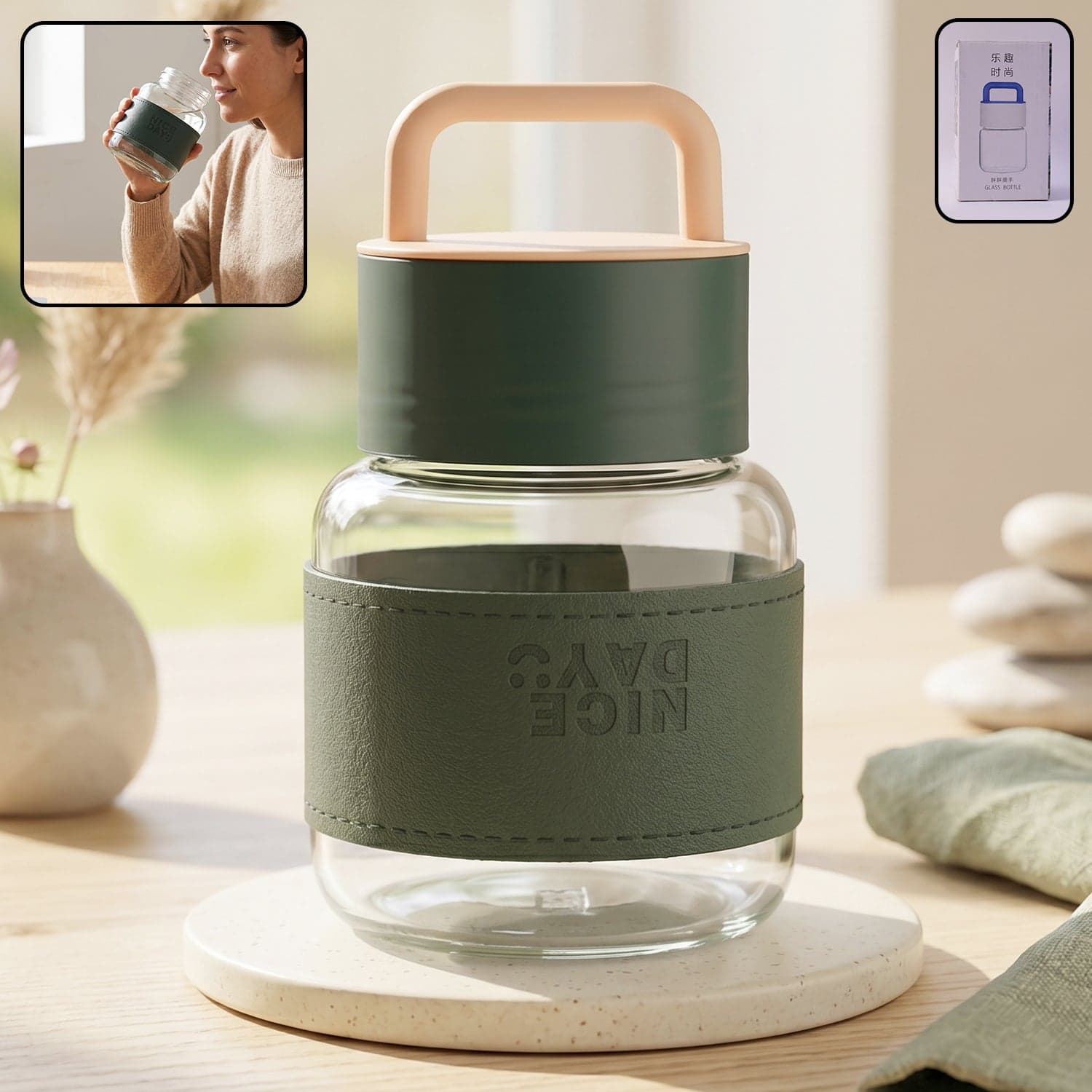Glass Water Bottle the Stylish, Portable with Handle & Leather Sleeve thumbnail 3