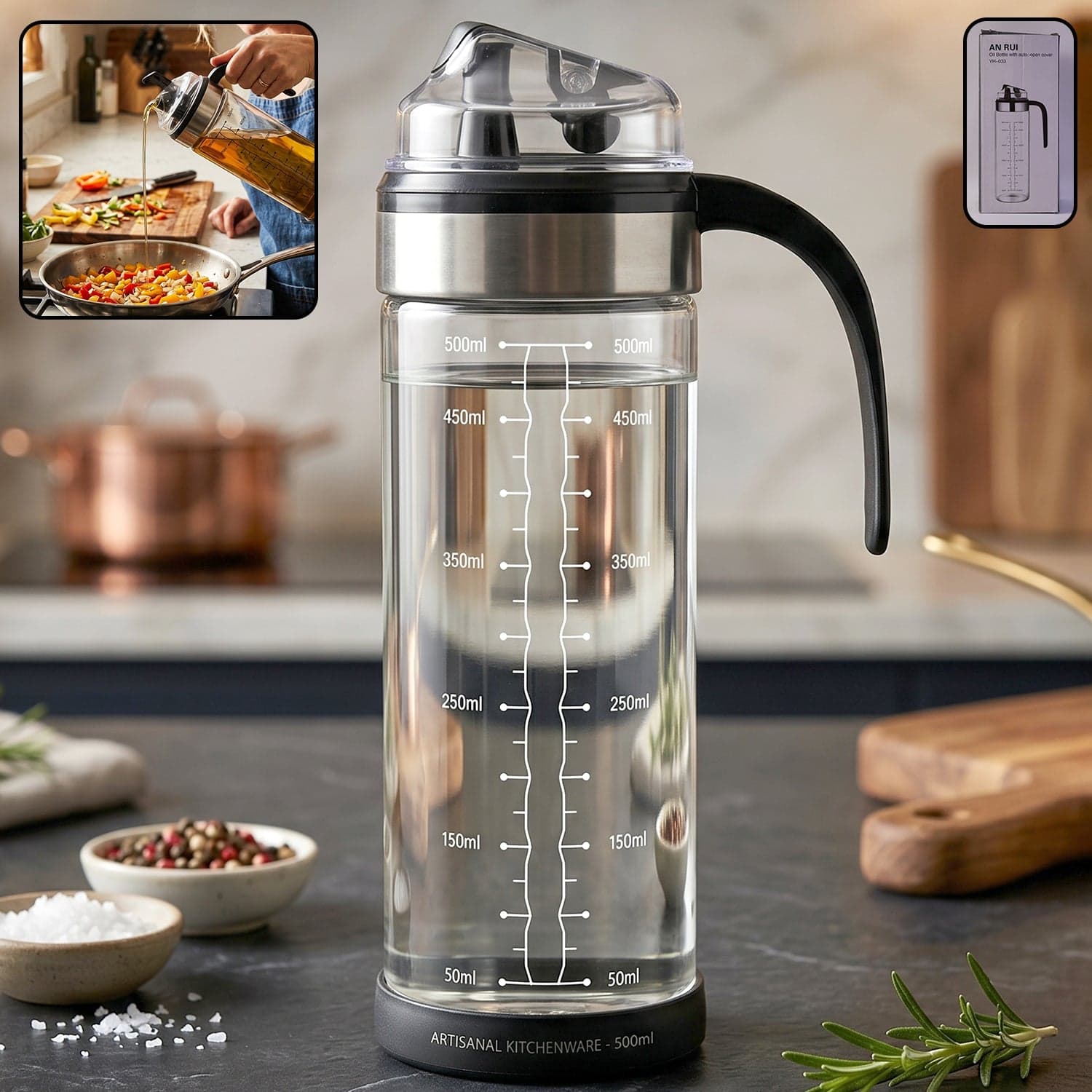Glass Oil Dispenser Bottle the Leak-Proof, Auto Flip Lid & Handle thumbnail 3
