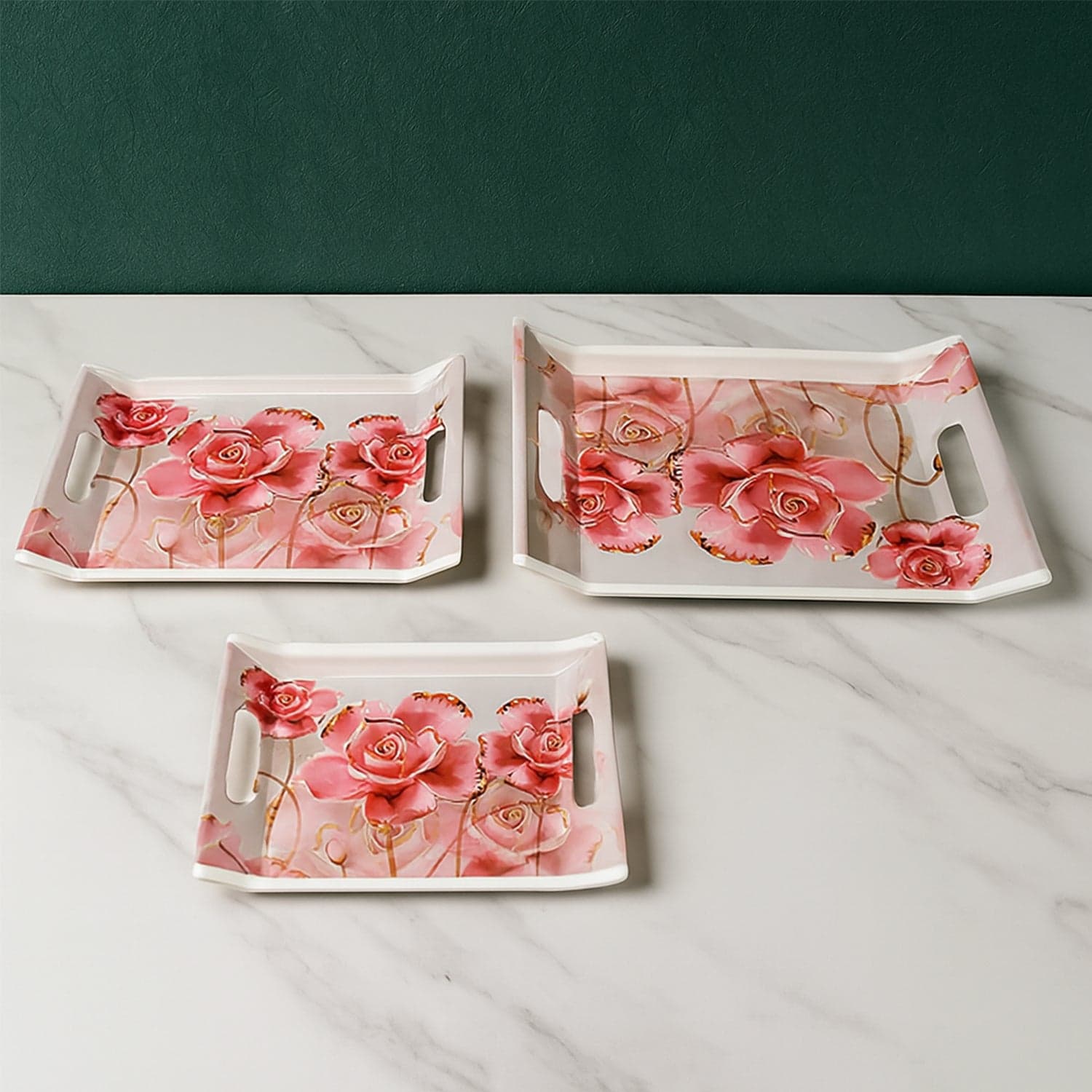 Plastic Rectangular Shape Flower Printed Design Serving Tray 3 pcs Home and Kitchen Use (3 pcs set) thumbnail 1