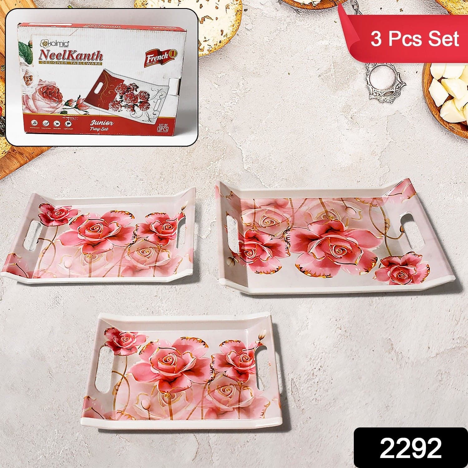Plastic Rectangular Shape Flower Printed Design Serving Tray 3 pcs Home and Kitchen Use (3 pcs set) thumbnail 2