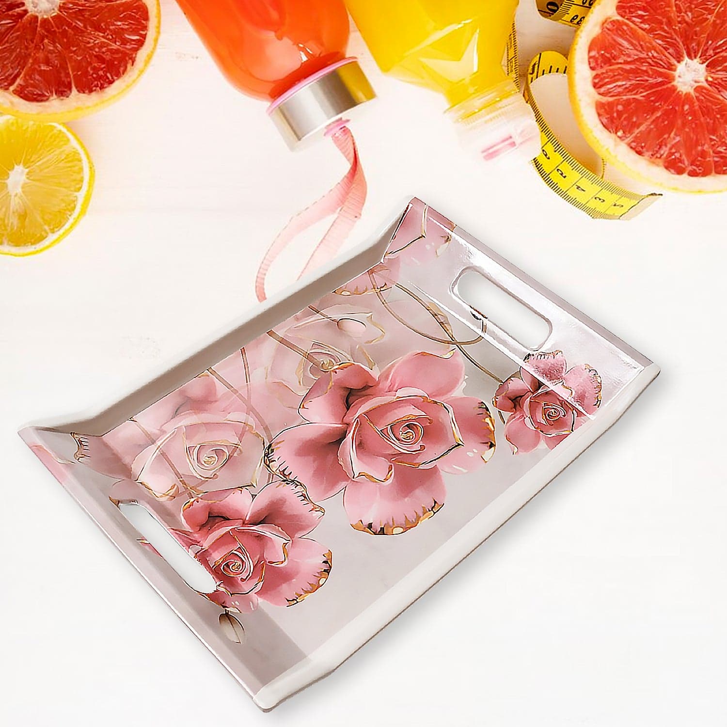 Plastic Rectangular Shape Flower Printed Design Serving Tray 3 pcs Home and Kitchen Use (3 pcs set) thumbnail 5