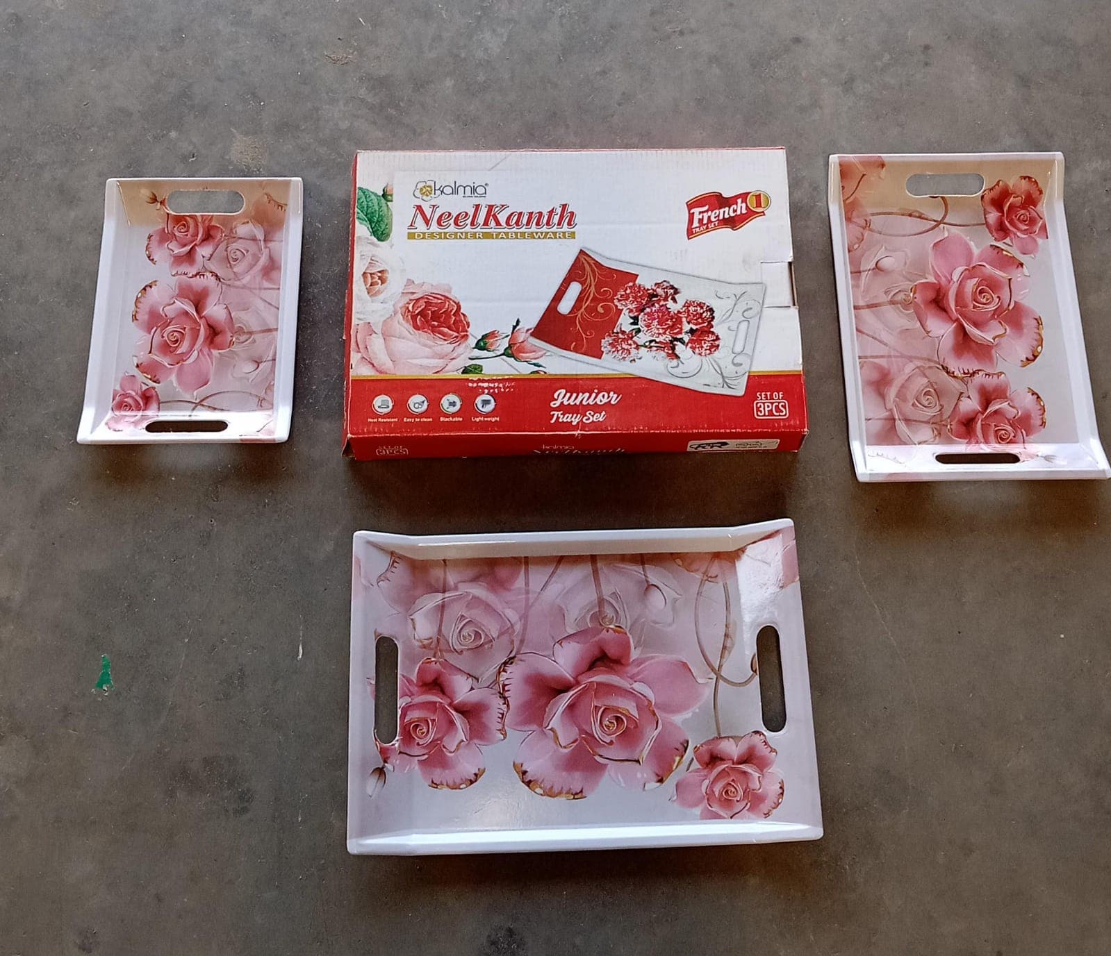 Plastic Rectangular Shape Flower Printed Design Serving Tray 3 pcs Home and Kitchen Use (3 pcs set) thumbnail 8