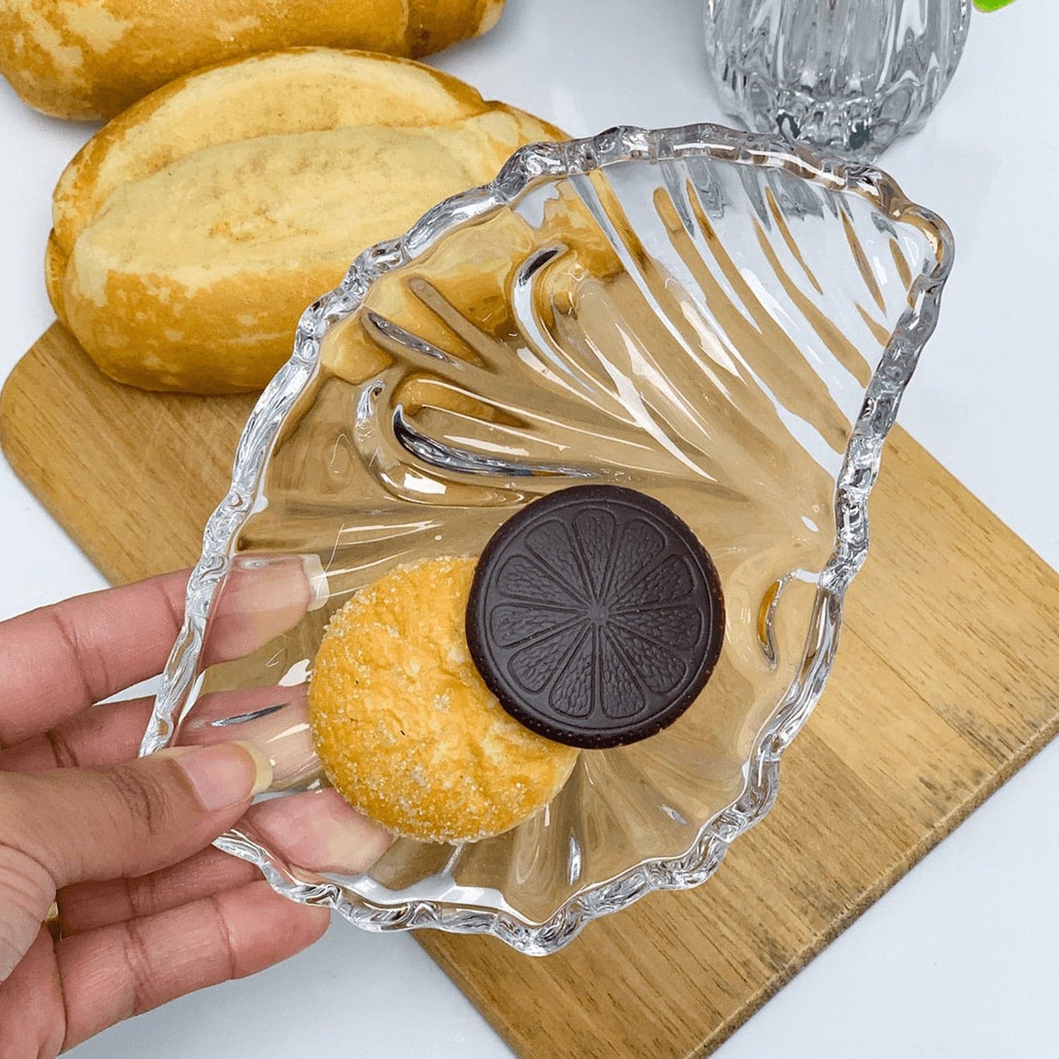 Leaf shaped Glass Serve tray of snacks, Mukhwaas, and ice cream. thumbnail 1