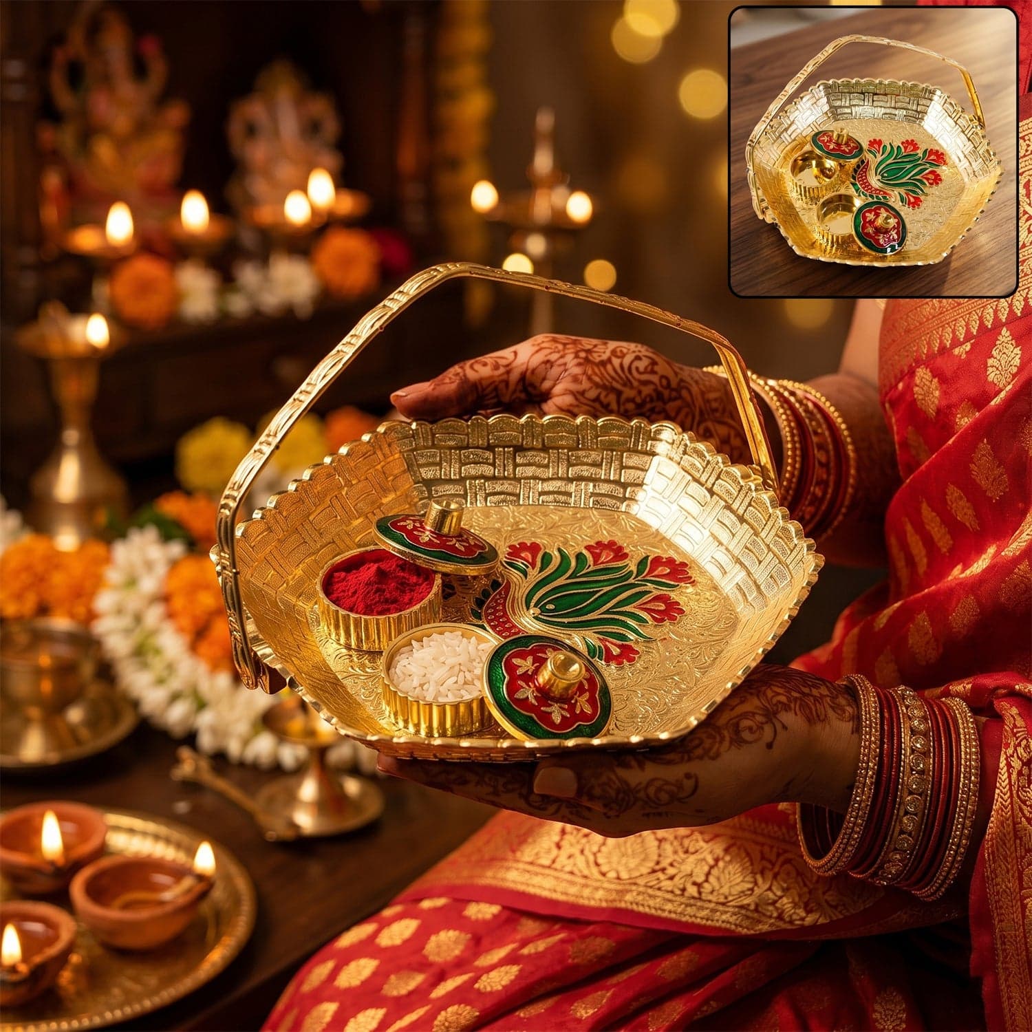 Golden Kumkum Kankavati Basket the Elegant Ritual Organizer thumbnail 1