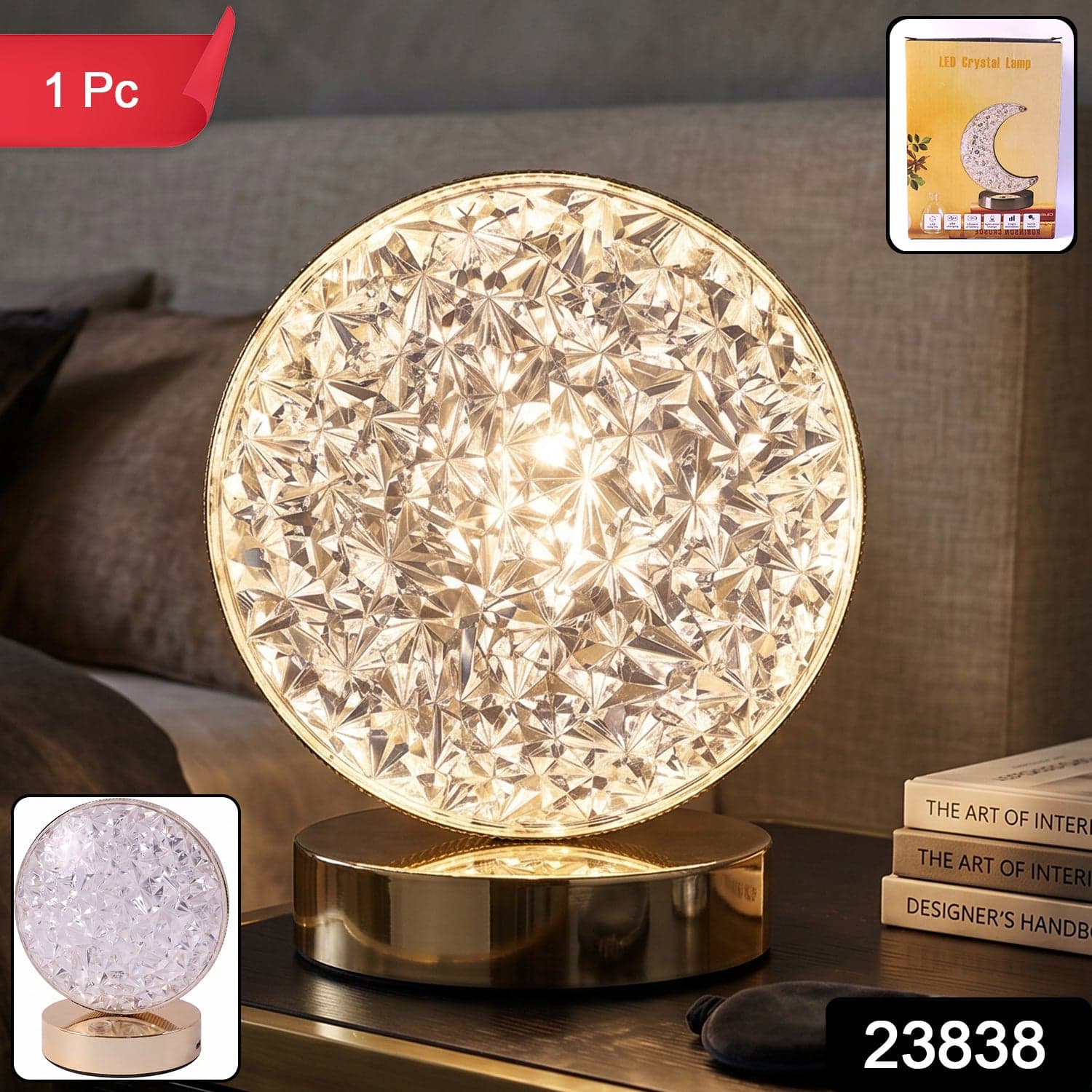 Round Crystal LED Table Lamp the Dimmable Touch & USB Rechargeable thumbnail 2