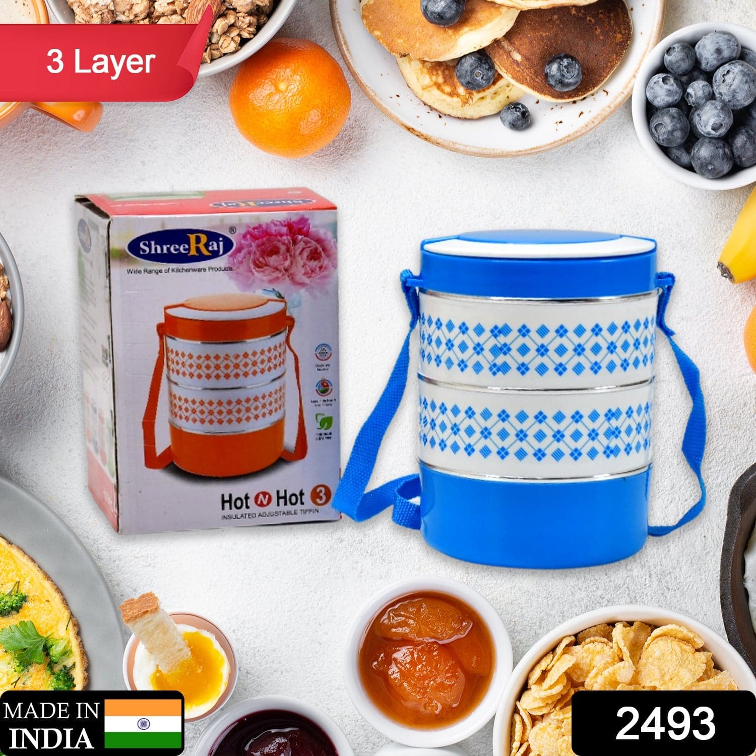 3 layer Adjustable Insulated Tiffin Set of 1, Blue 3 Containers Lunch Box thumbnail 4