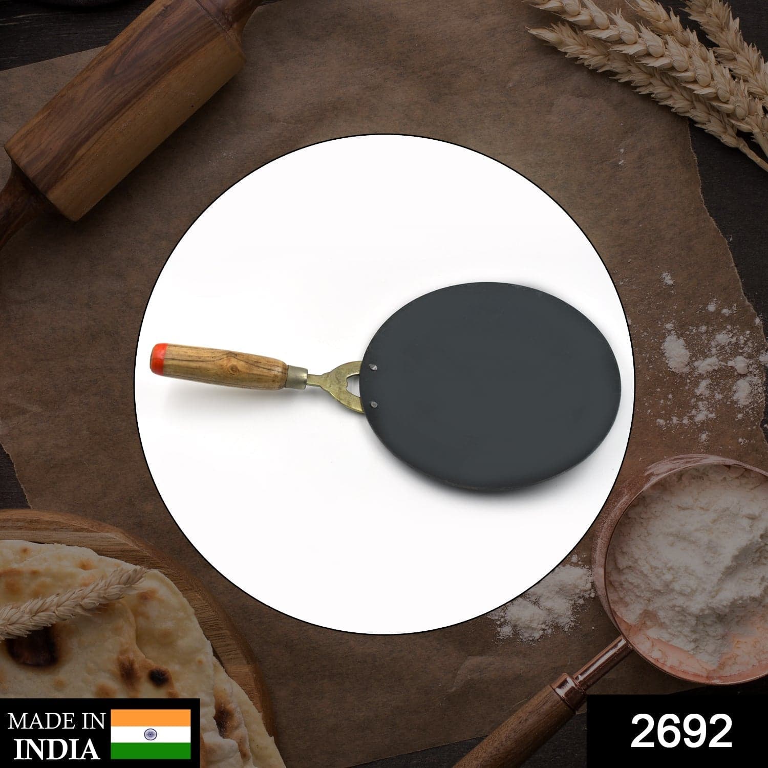 Wooden Handle Roti Tawa used in all household and kitchen purposes for making rotis and parathas nonstick tawa etc. thumbnail 2