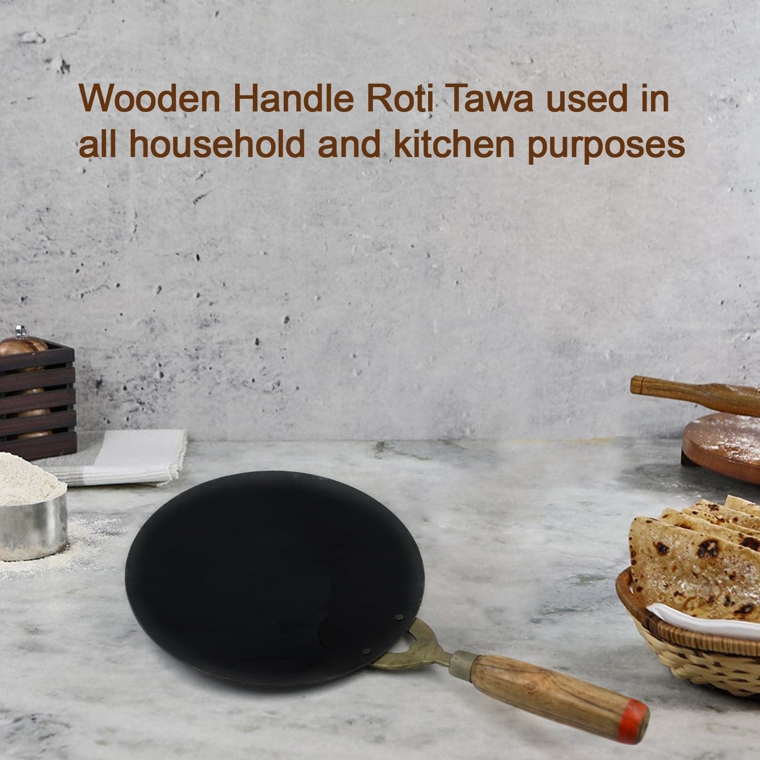 Wooden Handle Roti Tawa used in all household and kitchen purposes for making rotis and parathas nonstick tawa etc. thumbnail 8