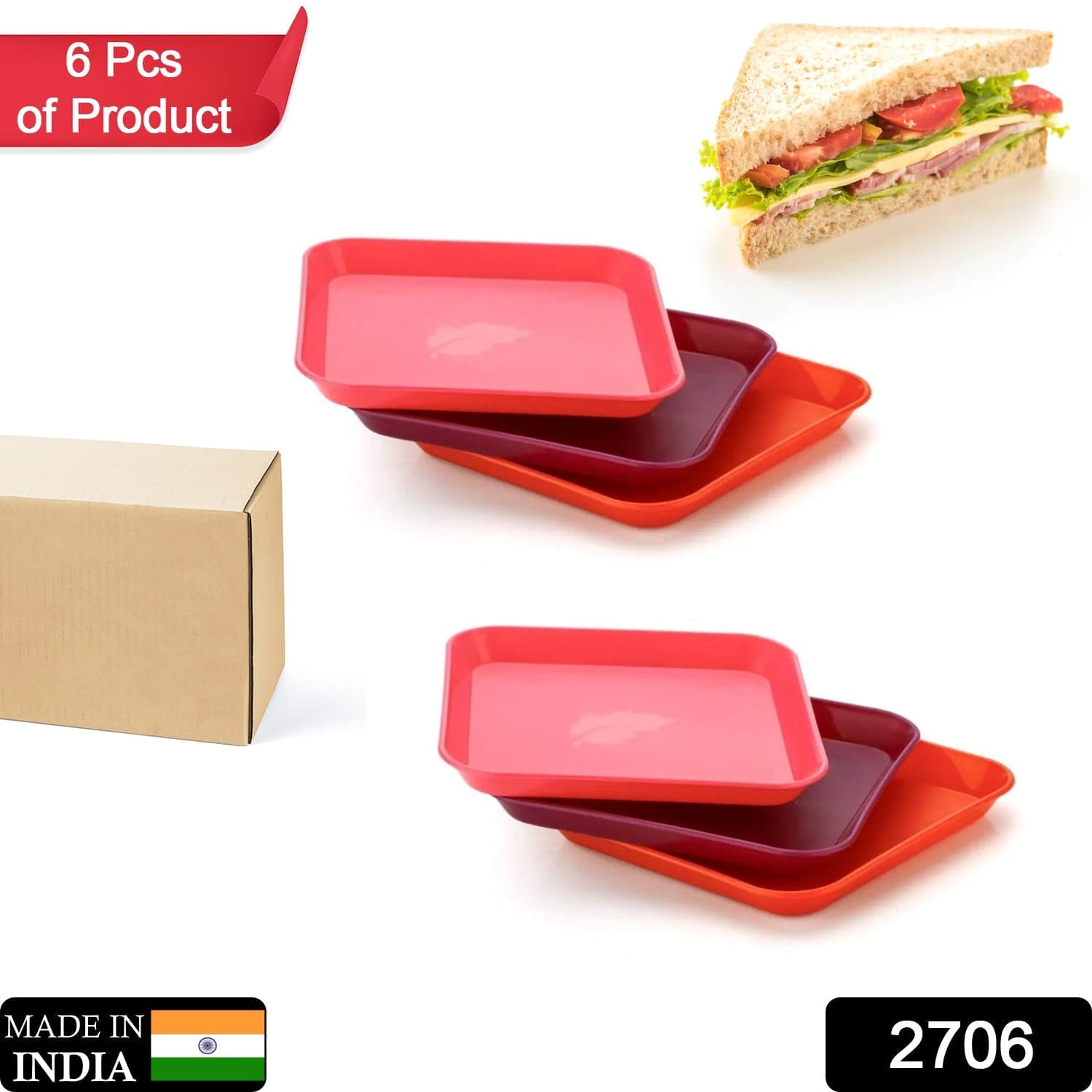 Square Plastic Dinner Plate Set (Set of 6 Pcs) Colorful Snacks / Breakfast Plate thumbnail 2