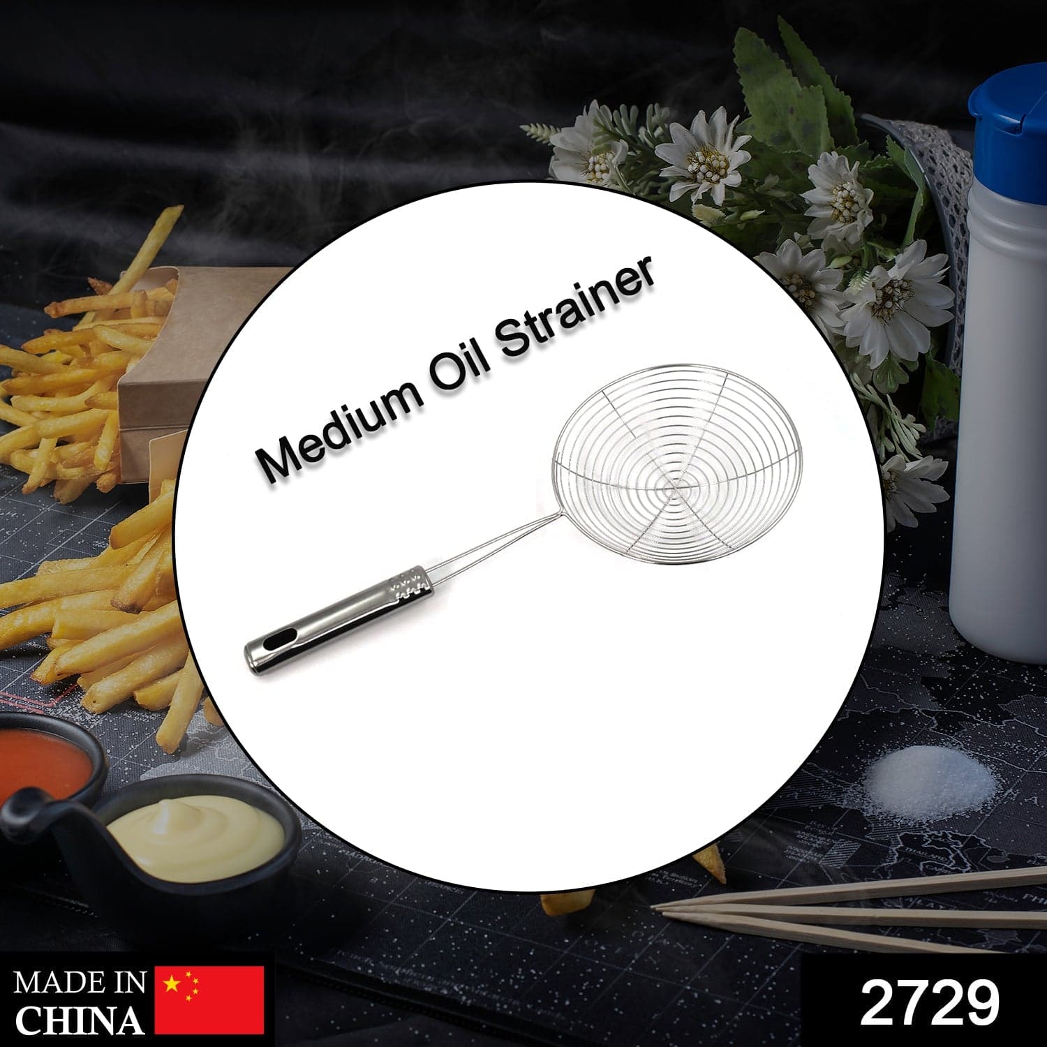Medium Oil Strainer To Get Perfect Fried Food Stuffs Easily Without Any Problem And Damage. thumbnail 2