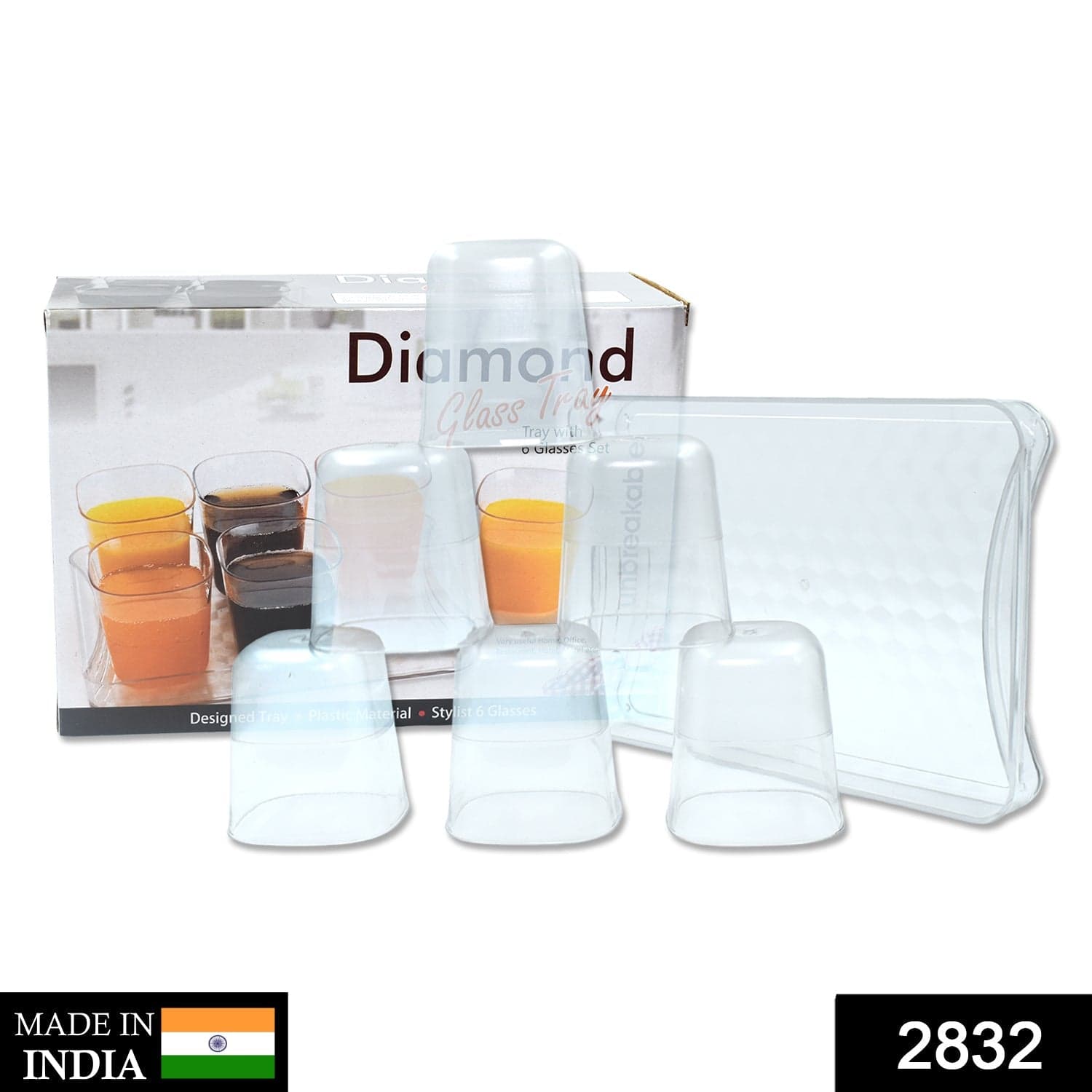 6pc Glasses Set With tray Stylish Transparent Water Glass / Juice Glass / Beer Glass / Wine Glass Plastic Glass Set thumbnail 2