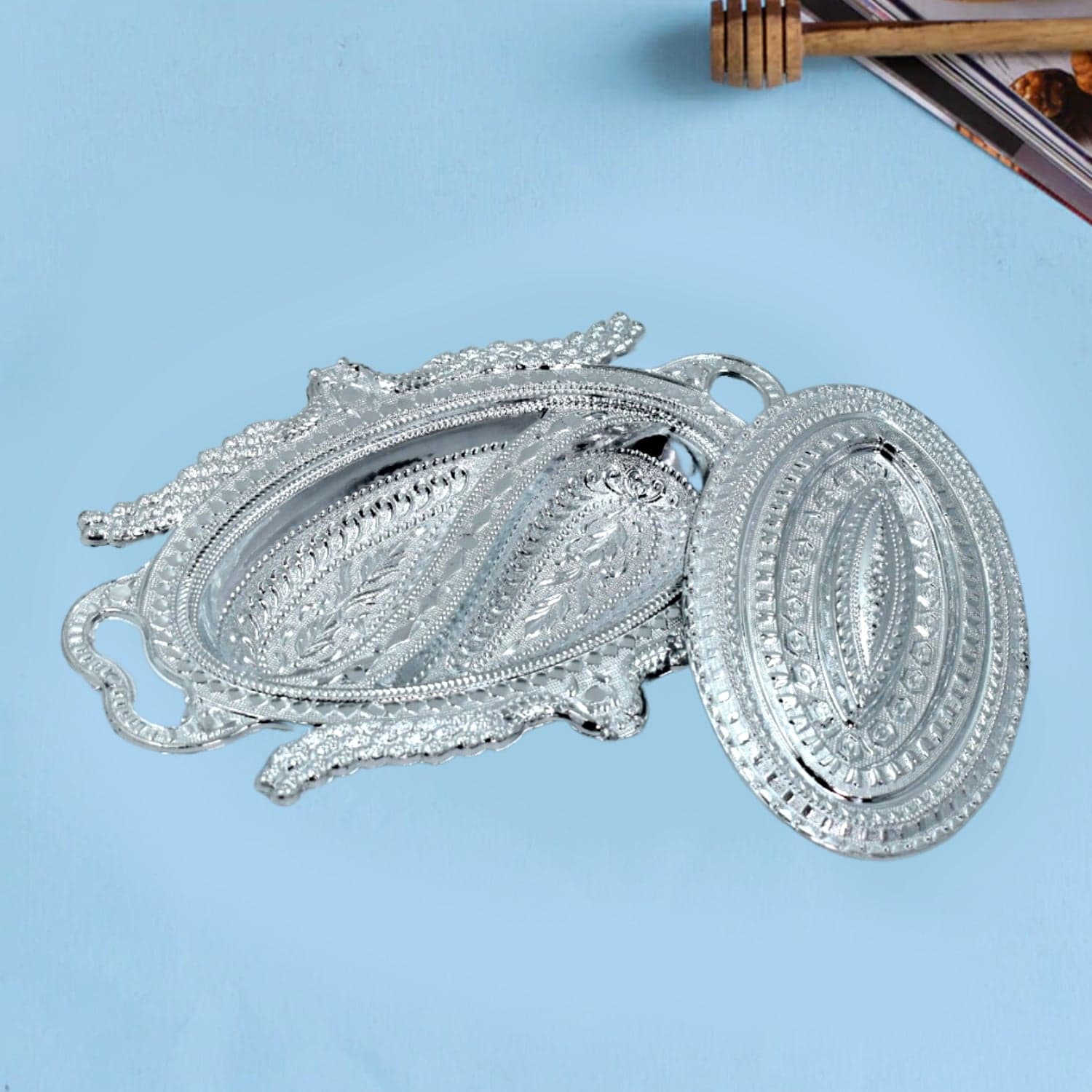 Plastic Peacock Dry Fruit Silver Finish Serving Tray thumbnail 4