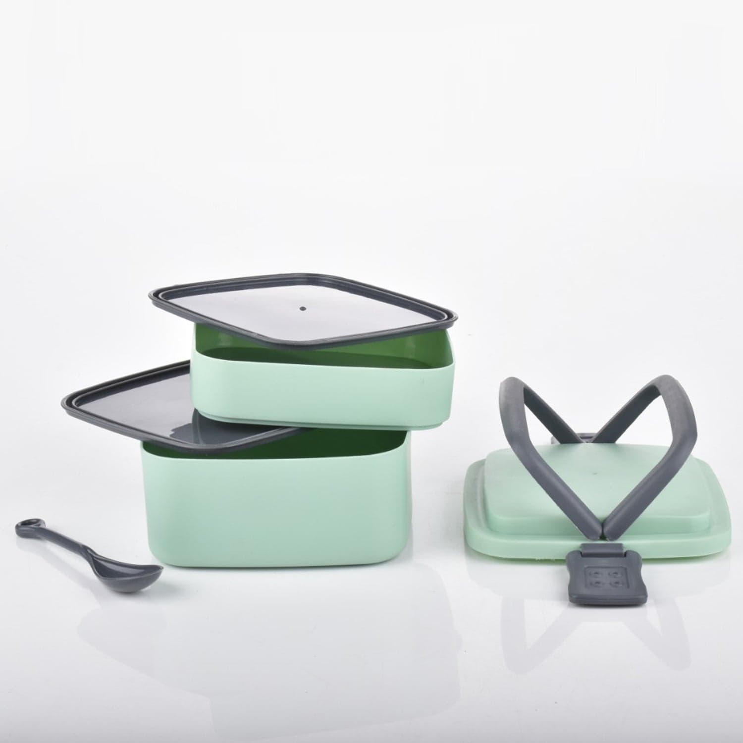 Green Double-Layer Portable Lunch Box Stackable With Carrying Handle And Spoon Lunch Box  thumbnail 15