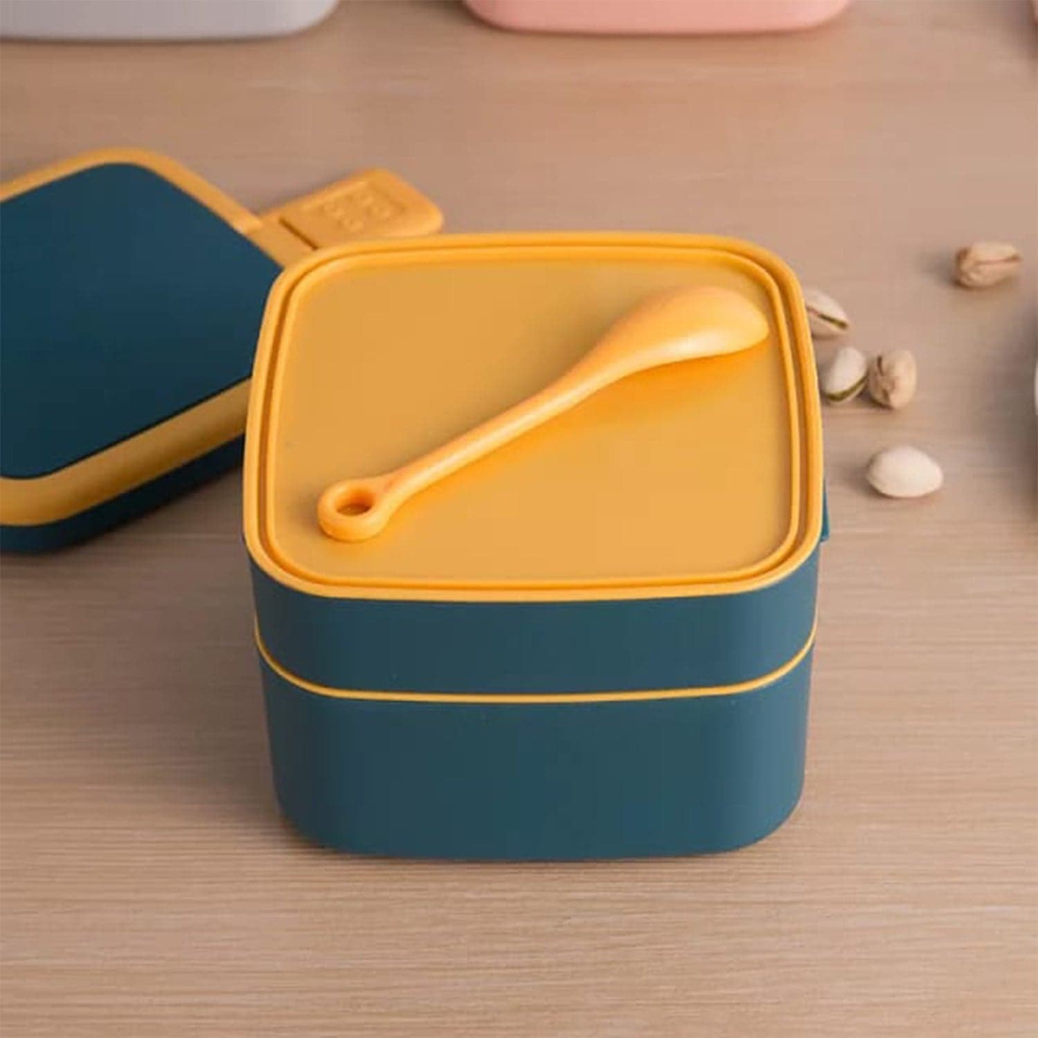 Blue Double-Layer Portable Bento Lunch Box of Stackable with Handle & Spoon thumbnail 2