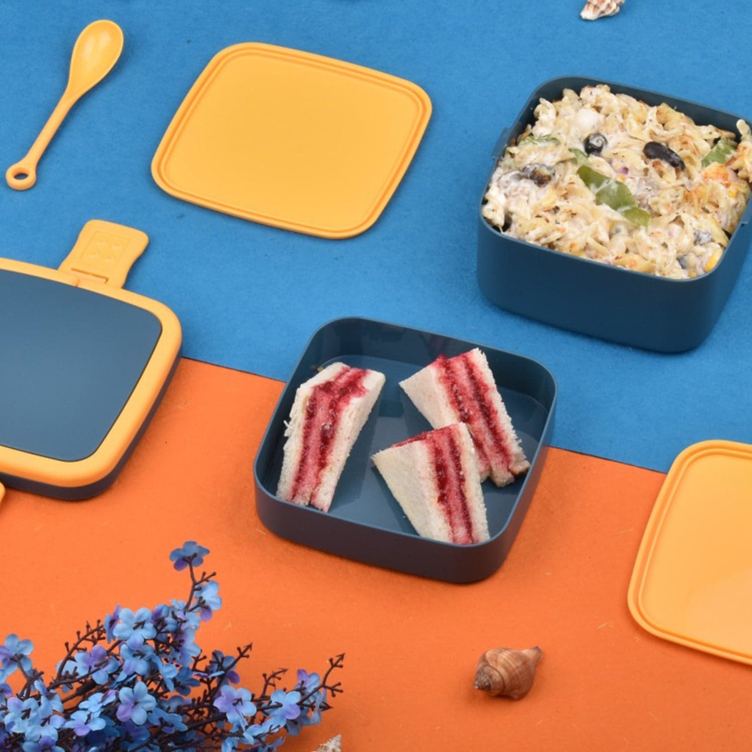 Blue Double-Layer Portable Bento Lunch Box of Stackable with Handle & Spoon thumbnail 13