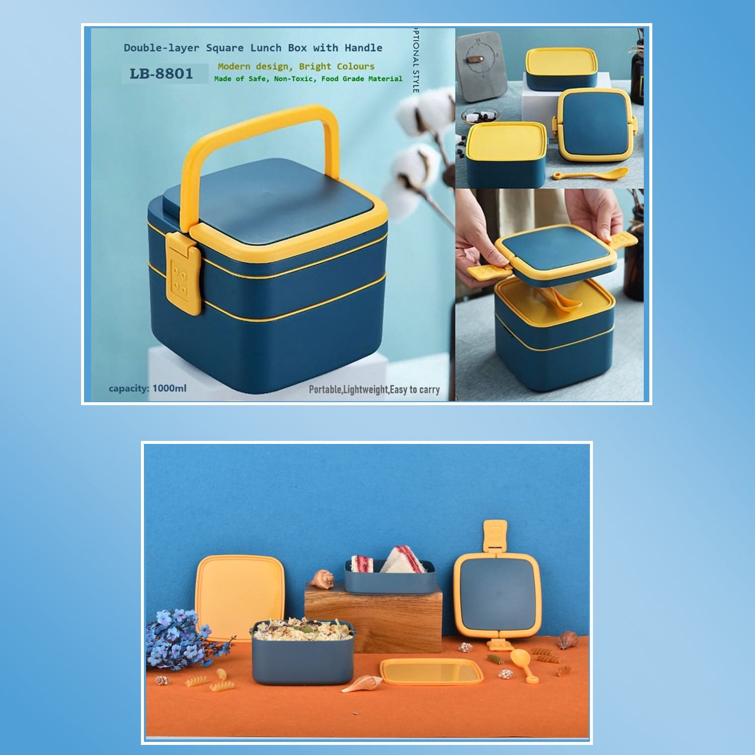 Blue Double-Layer Portable Bento Lunch Box of Stackable with Handle & Spoon thumbnail 15