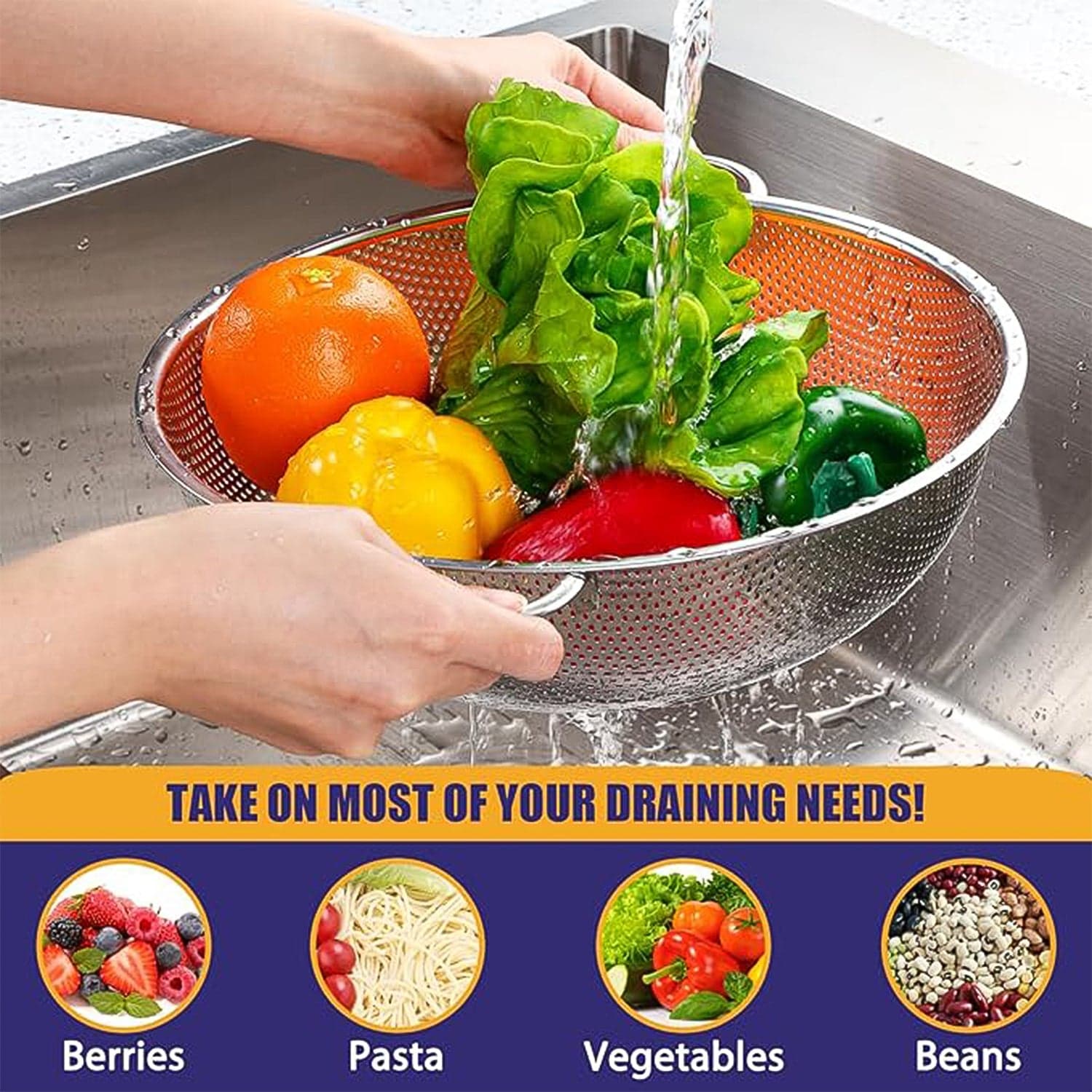 Stainless Steel Rice Vegetables Washing Bowl Strainer Collapsible Strainer. thumbnail 3