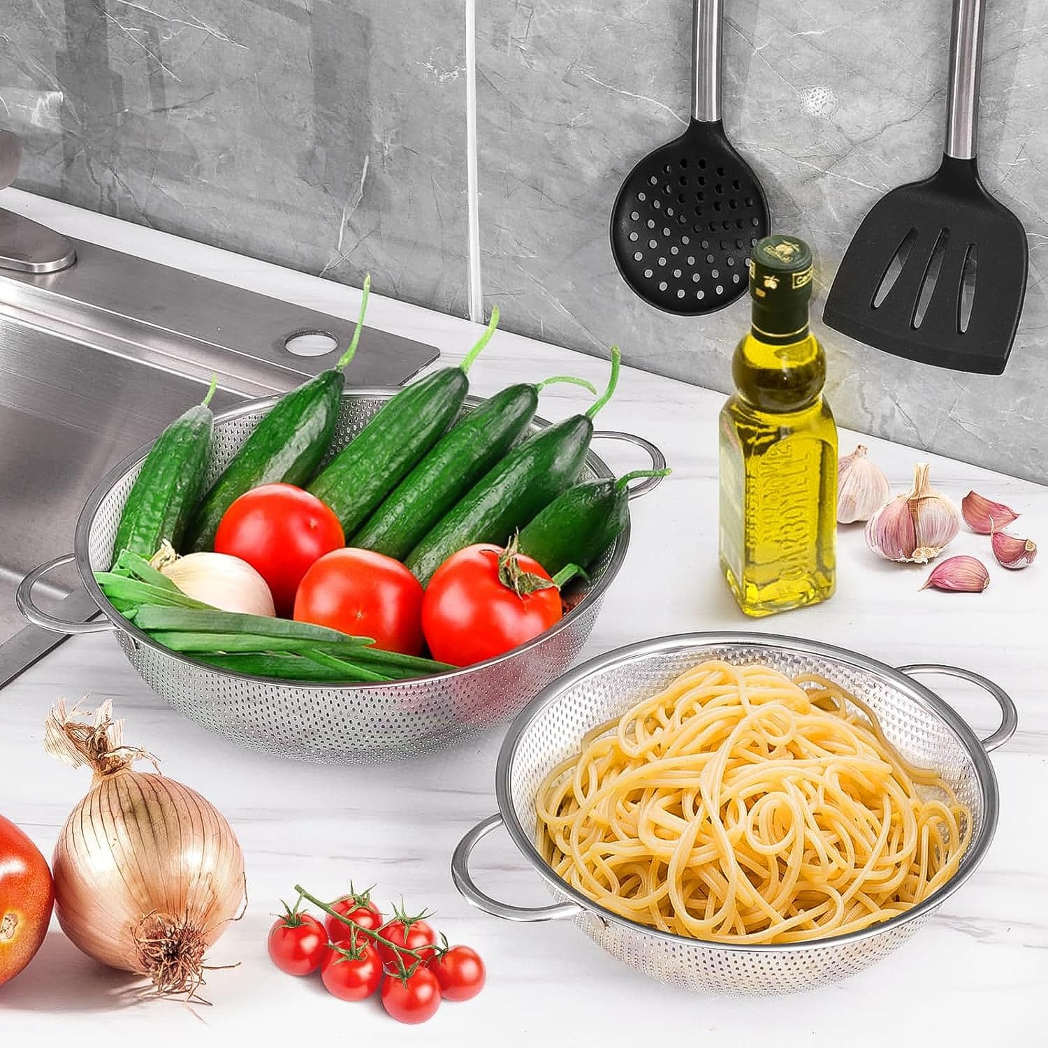 Stainless Steel Rice Vegetables Washing Bowl Strainer Collapsible Strainer. thumbnail 4