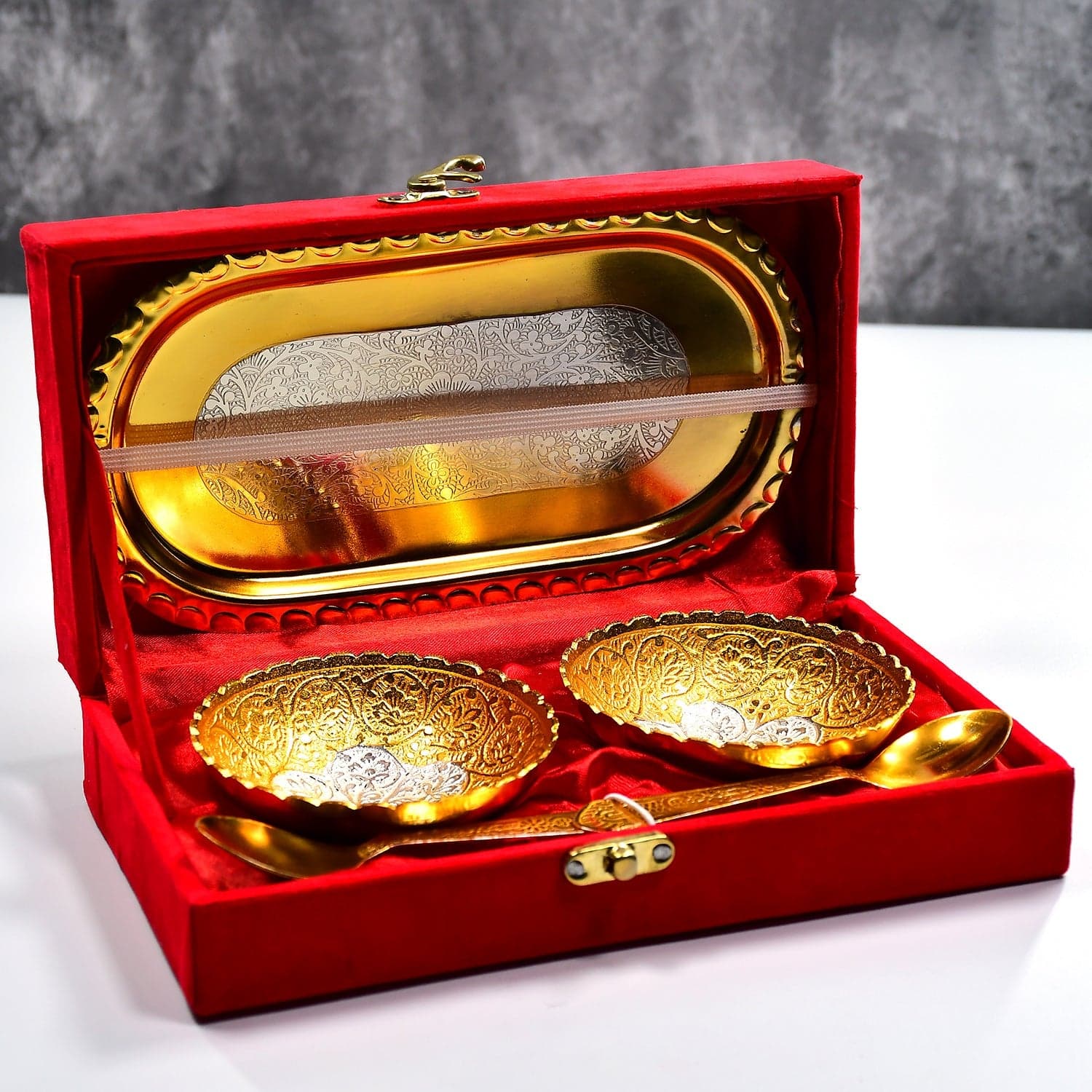 Gold Silver Plated 2 Bowl 2 Spoon Tray Set Brass with Red Velvet Gift Box Serving Dry Fruits Desserts Gift thumbnail 1