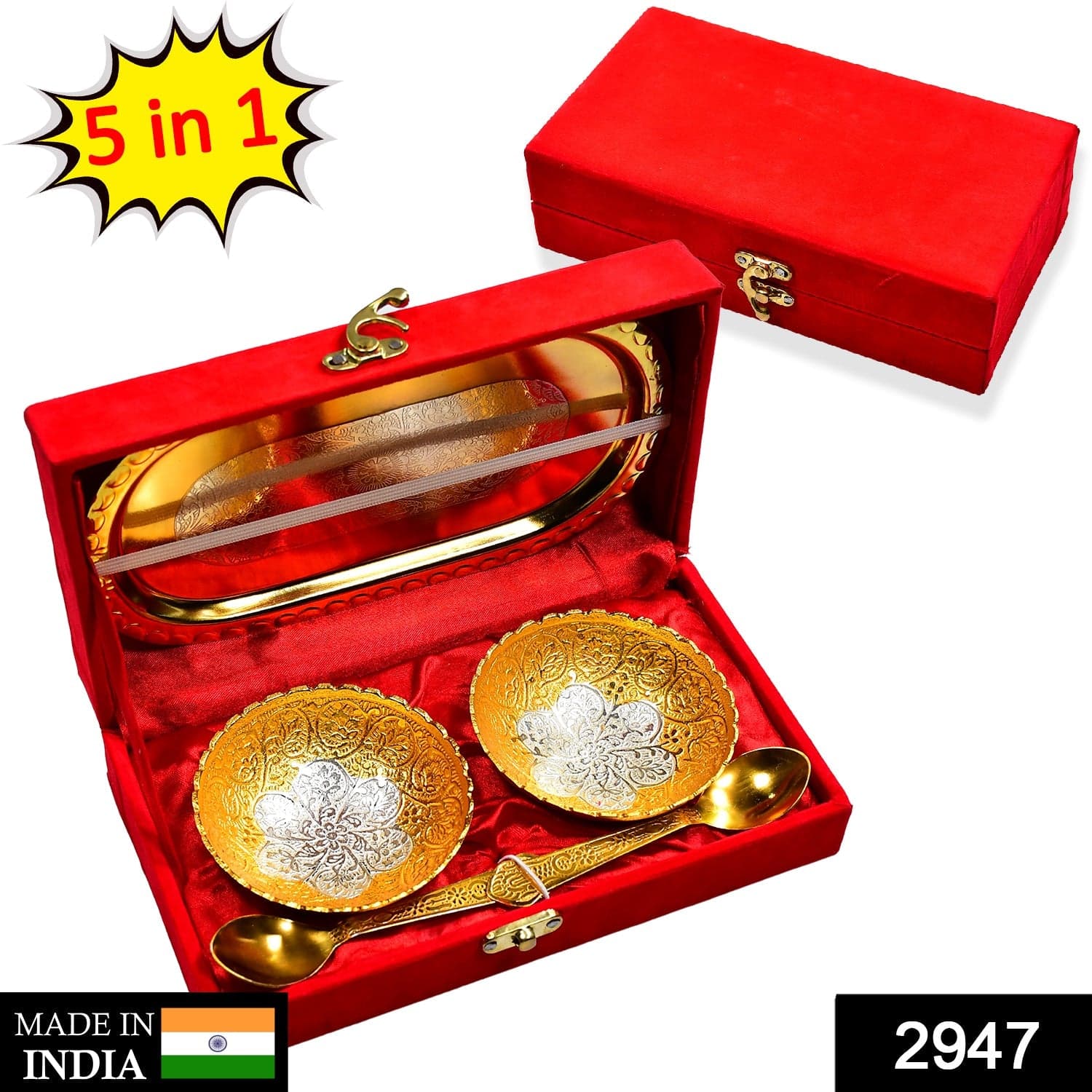 Gold Silver Plated 2 Bowl 2 Spoon Tray Set Brass with Red Velvet Gift Box Serving Dry Fruits Desserts Gift thumbnail 2