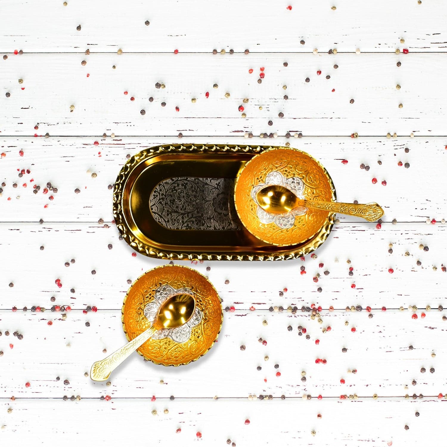 Gold Silver Plated 2 Bowl 2 Spoon Tray Set Brass with Red Velvet Gift Box Serving Dry Fruits Desserts Gift thumbnail 3
