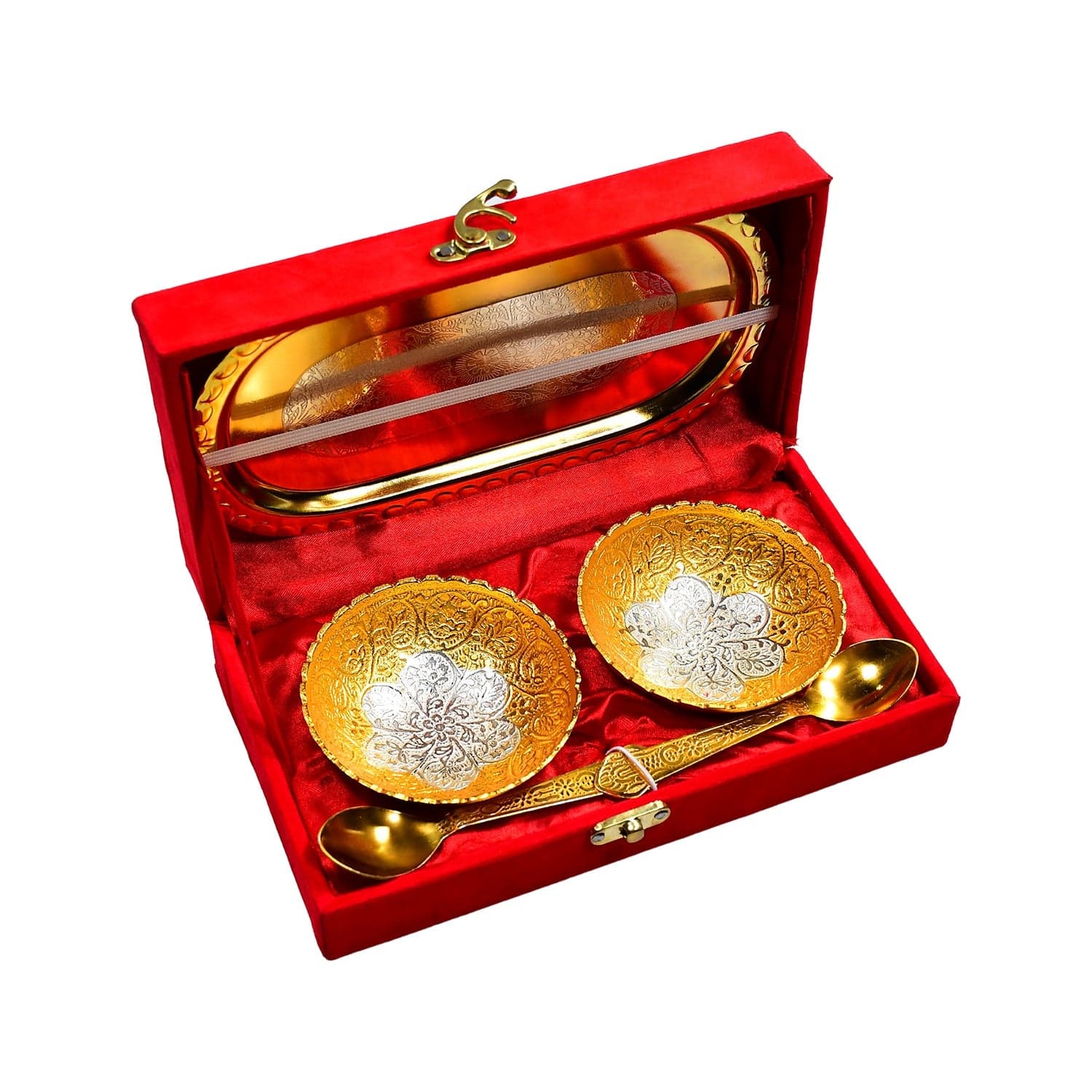 Gold Silver Plated 2 Bowl 2 Spoon Tray Set Brass with Red Velvet Gift Box Serving Dry Fruits Desserts Gift thumbnail 4
