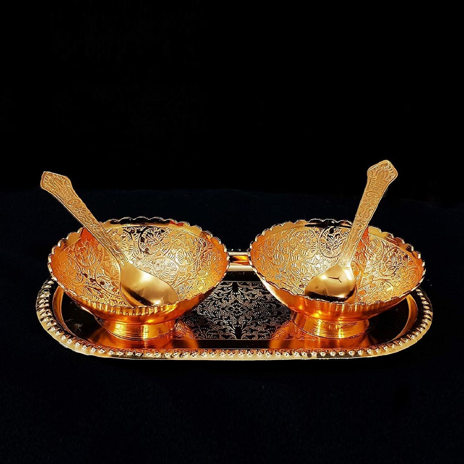 Gold Silver Plated 2 Bowl 2 Spoon Tray Set Brass with Red Velvet Gift Box Serving Dry Fruits Desserts Gift thumbnail 5