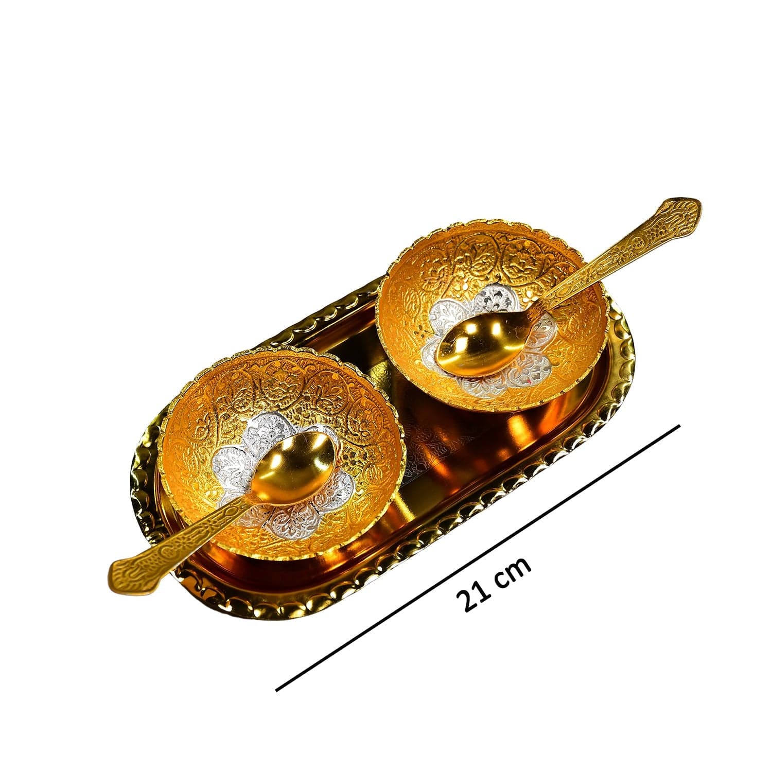 Gold Silver Plated 2 Bowl 2 Spoon Tray Set Brass with Red Velvet Gift Box Serving Dry Fruits Desserts Gift thumbnail 6
