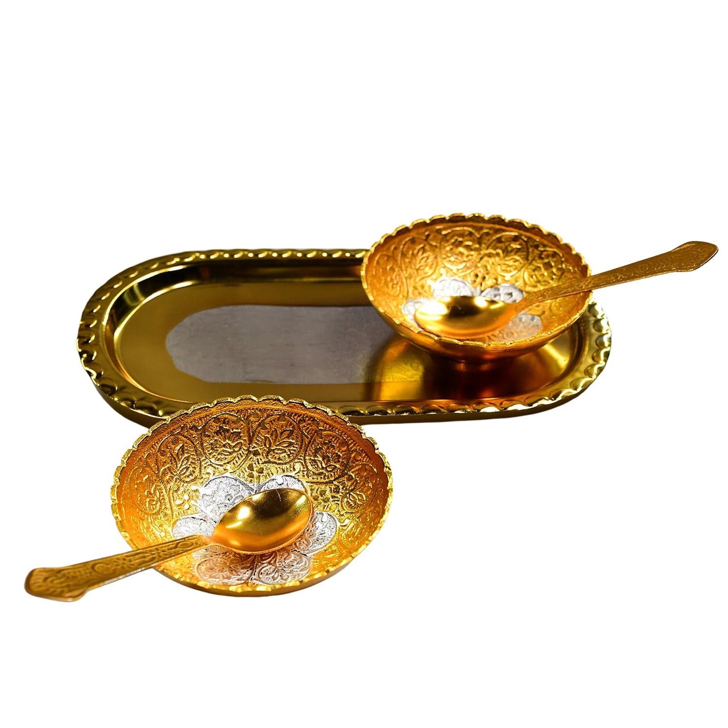 Gold Silver Plated 2 Bowl 2 Spoon Tray Set Brass with Red Velvet Gift Box Serving Dry Fruits Desserts Gift thumbnail 7