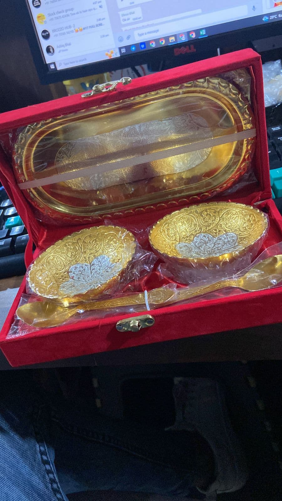 Gold Silver Plated 2 Bowl 2 Spoon Tray Set Brass with Red Velvet Gift Box Serving Dry Fruits Desserts Gift thumbnail 8