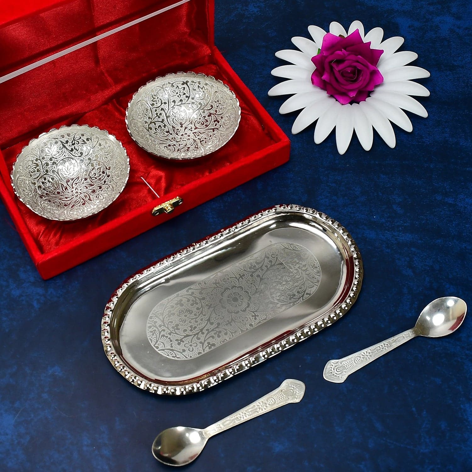 Silver-Plated Brass Bowl & Spoon Set with Velvet Gift Box thumbnail 2