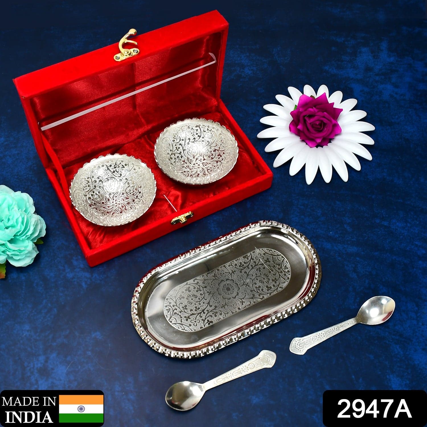 Silver-Plated Brass Bowl & Spoon Set with Velvet Gift Box thumbnail 3