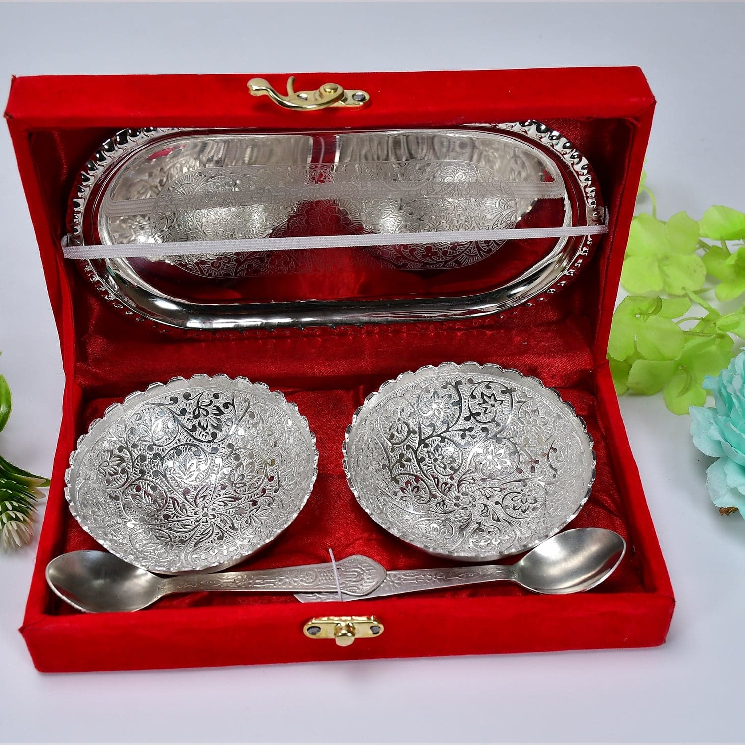 Silver-Plated Brass Bowl & Spoon Set with Velvet Gift Box thumbnail 4