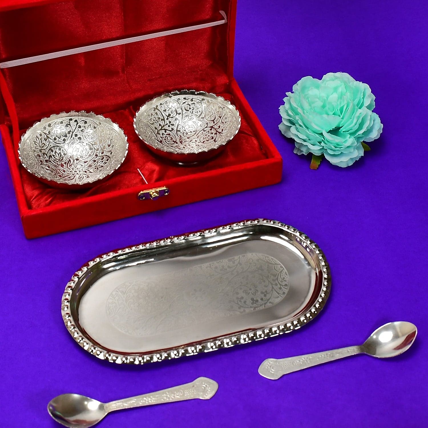 Silver-Plated Brass Bowl & Spoon Set with Velvet Gift Box thumbnail 5