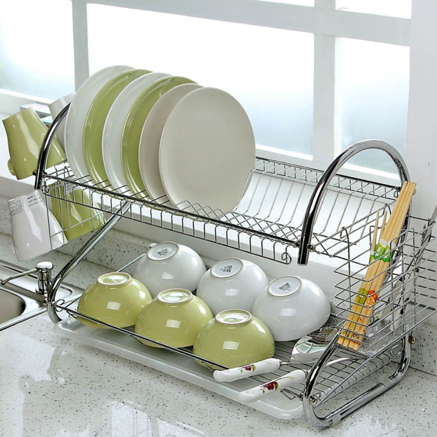Stainless Steel 2 Layer Kitchen Dish Rack / Plate Cutlery Stand thumbnail 1