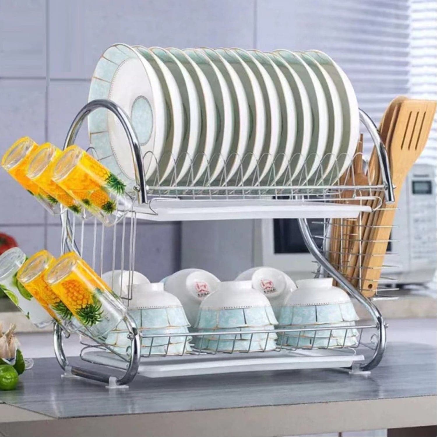 Stainless Steel 2 Layer Kitchen Dish Rack / Plate Cutlery Stand thumbnail 7