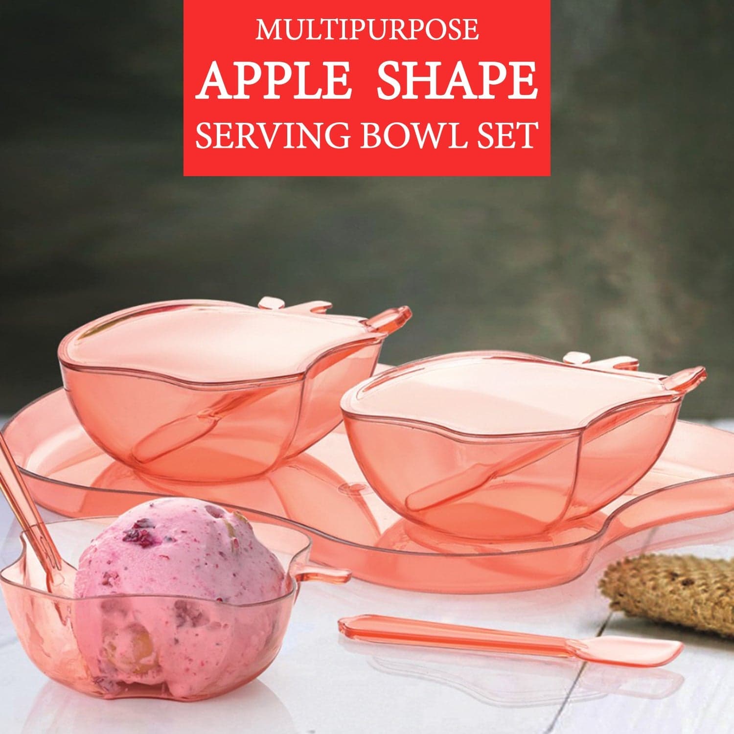 Apple Shape 2Piece Serving Set of Bowl with Spoon & Tray. Dinnerware Serving Snacks & Pickle thumbnail 5