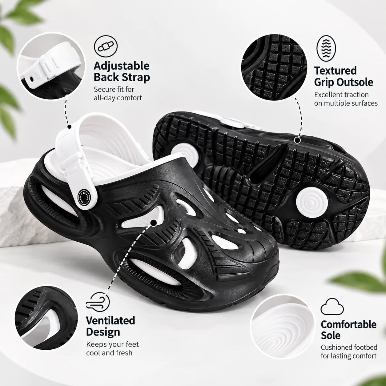 Men’s Black Closed-Toe Clogs with White Pivoting Heel Strap and Cut-Out Upper thumbnail 3