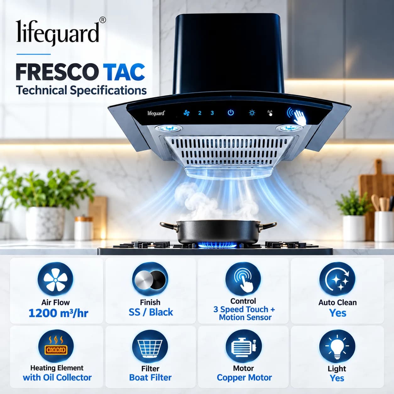 Lifeguard FRESCO TAC Kitchen Chimney – Powerful Suction with Smart Auto-Clean Technology thumbnail 3
