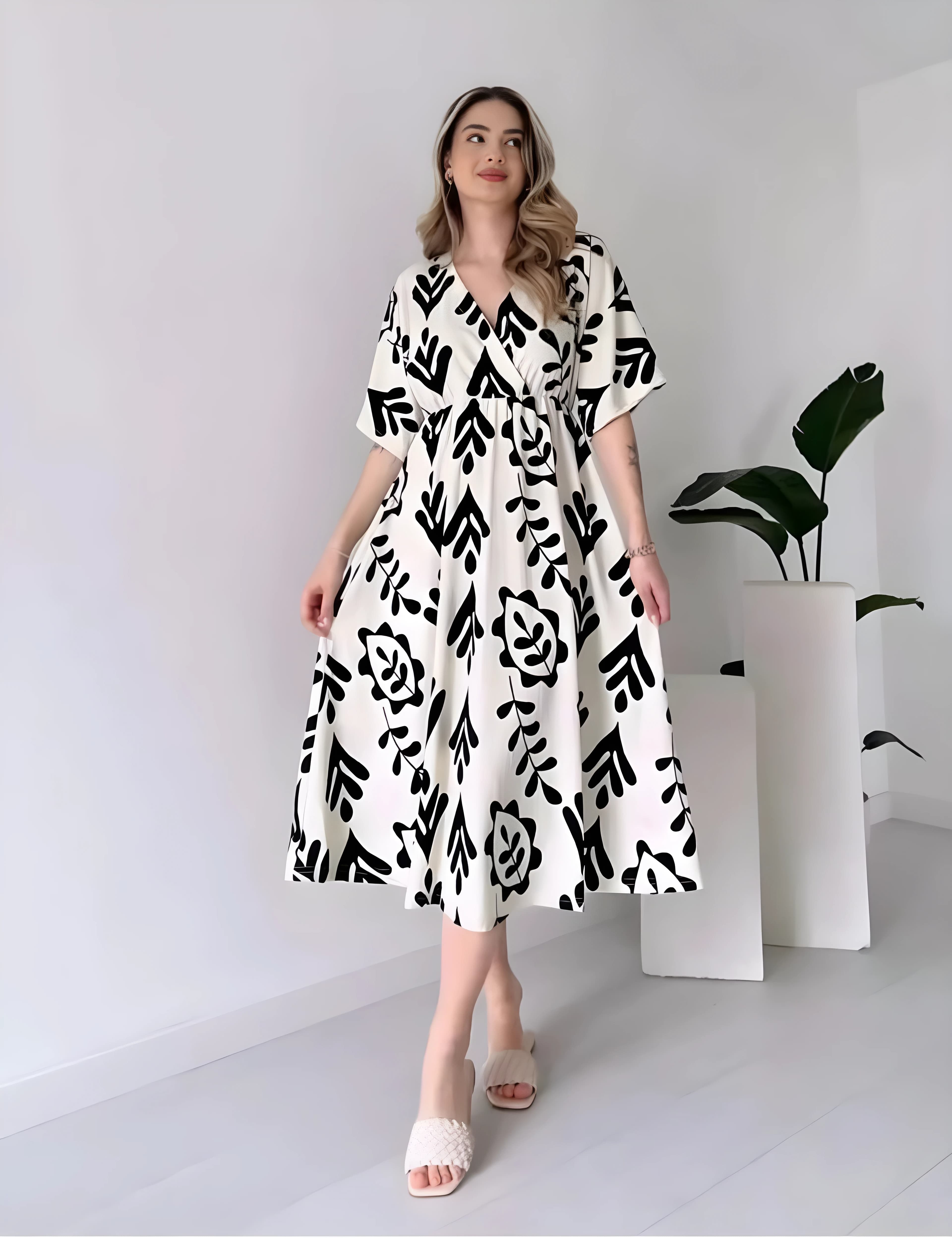 Trendy Floral Wrap Style Dress For Women - Soft Fabric High-Waist Midi Dress For Office & Casual Wear thumbnail 2